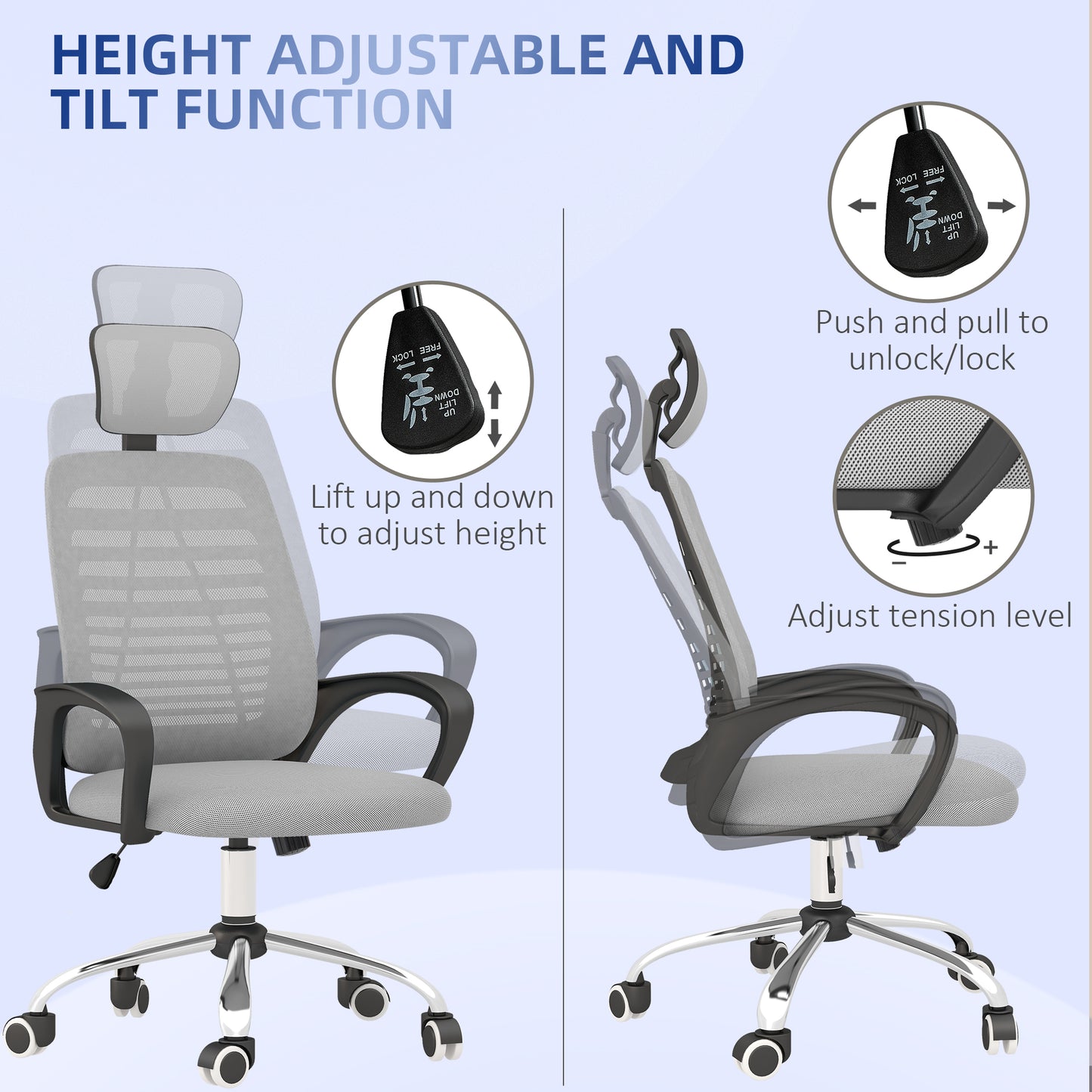 Image for Vinsetto Ergonomic Office Chair, Mesh Desk Chair with Rotatable Headrest, Lumbar Back Support, Armrest, Grey