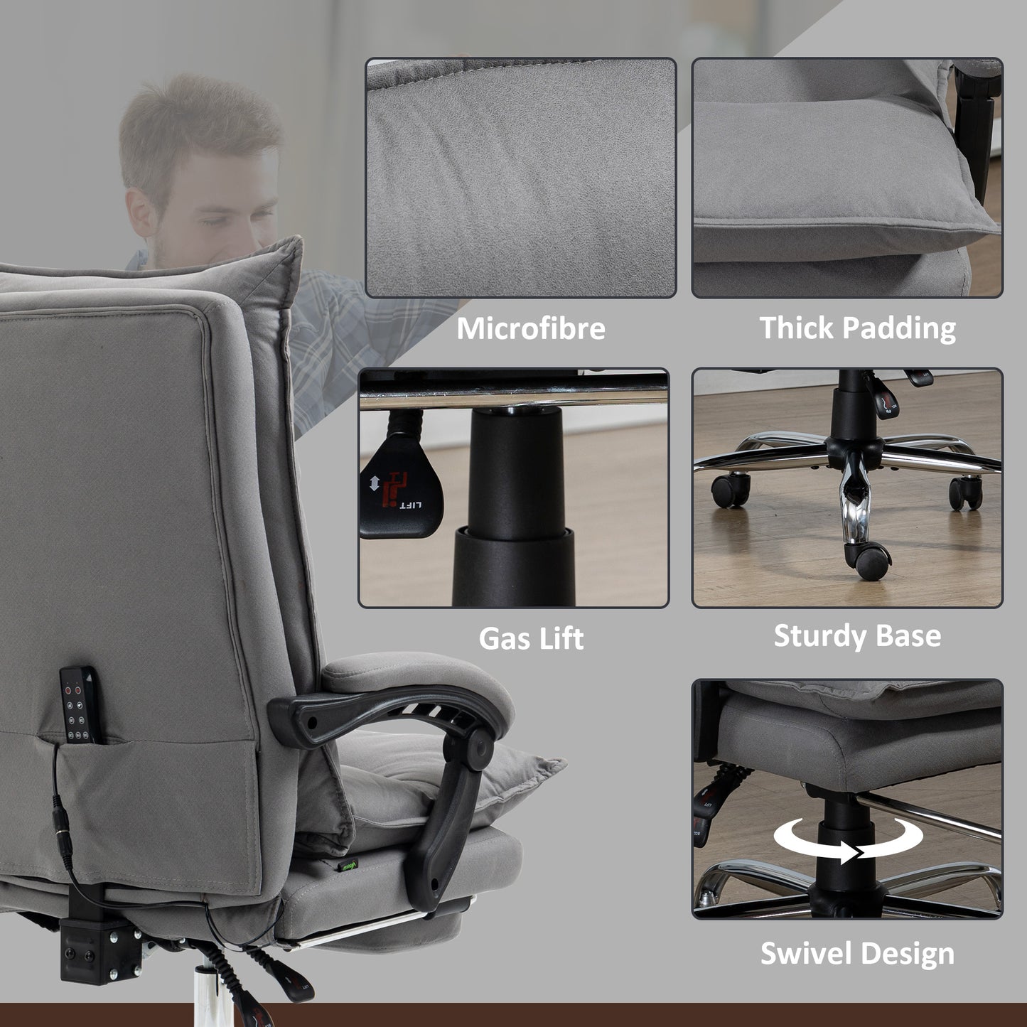 Image for Vinsetto Vibration Massage Office Chair with Heat, Microfibre Computer Chair with Footrest, Armrest, Double Padding, Reclining Back, Grey