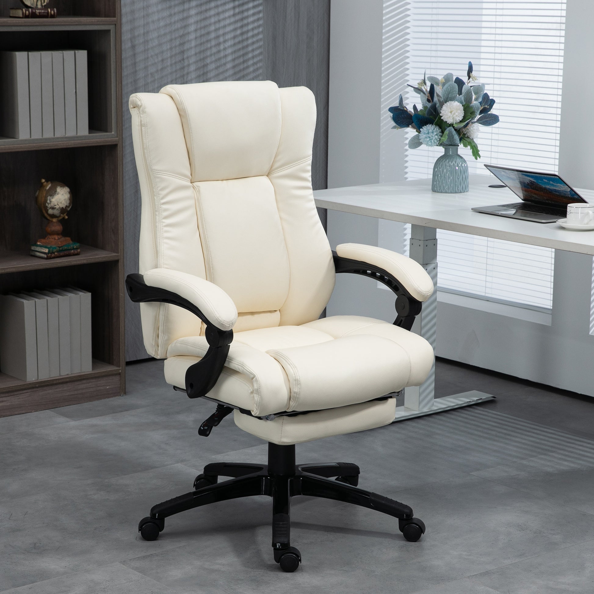 Image for Vinsetto PU Leather Office Chair, Swivel Computer Chair with Footrest, Wheels, Adjustable Height, Cream White