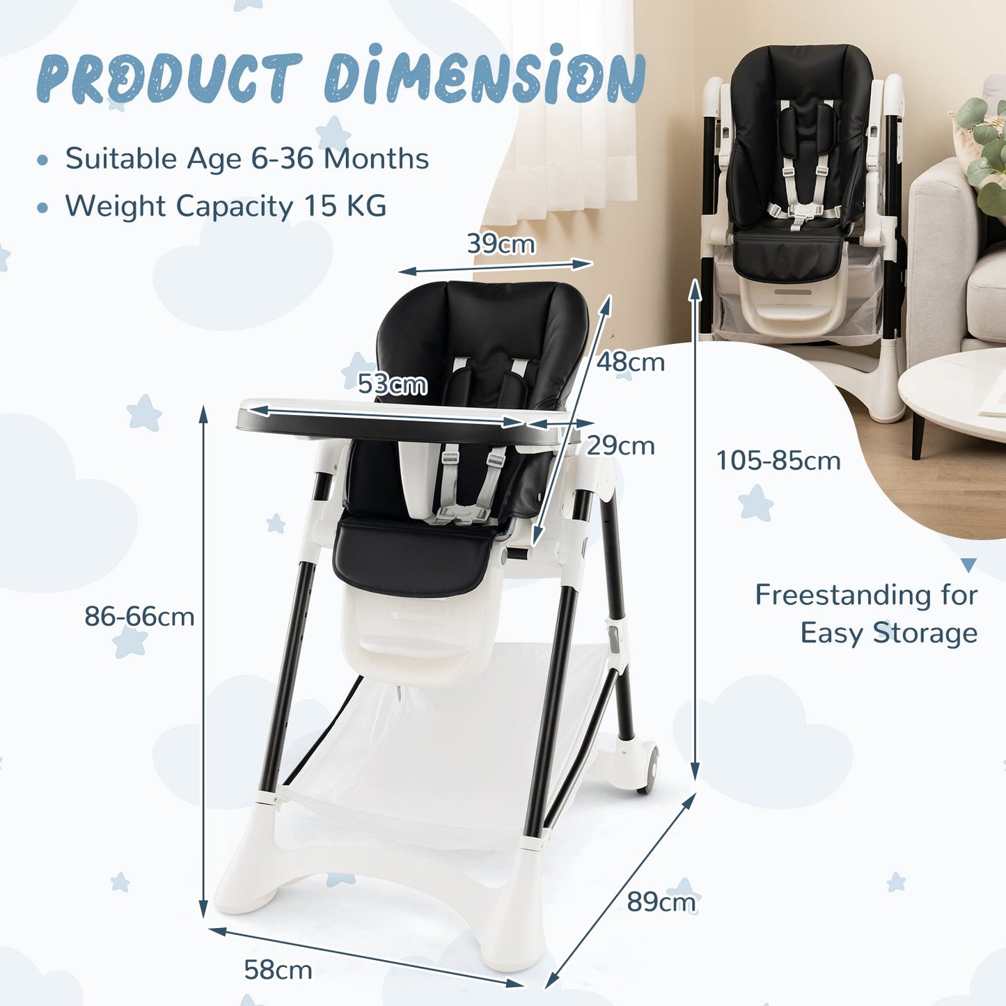 Baby High Chair with Detachable PU Cushion and Lockable Wheels - ChairwayUKBaby ChairAD10053DKBaby High Chair with Detachable PU Cushion and Lockable Wheels - Black