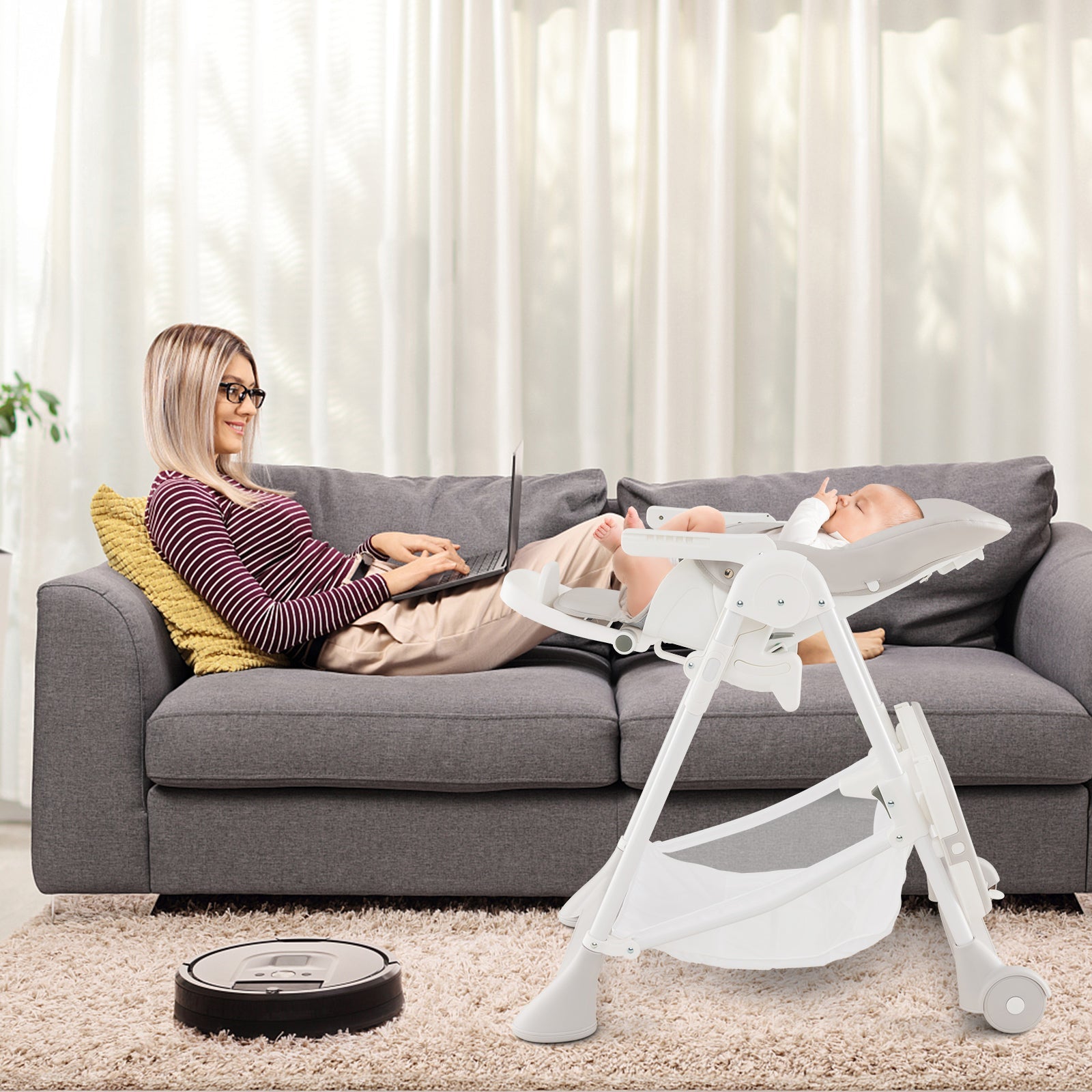 Baby High Chair with Detachable PU Cushion and Lockable Wheels - ChairwayUKBaby ChairAD10053BEBaby High Chair with Detachable PU Cushion and Lockable Wheels - Black