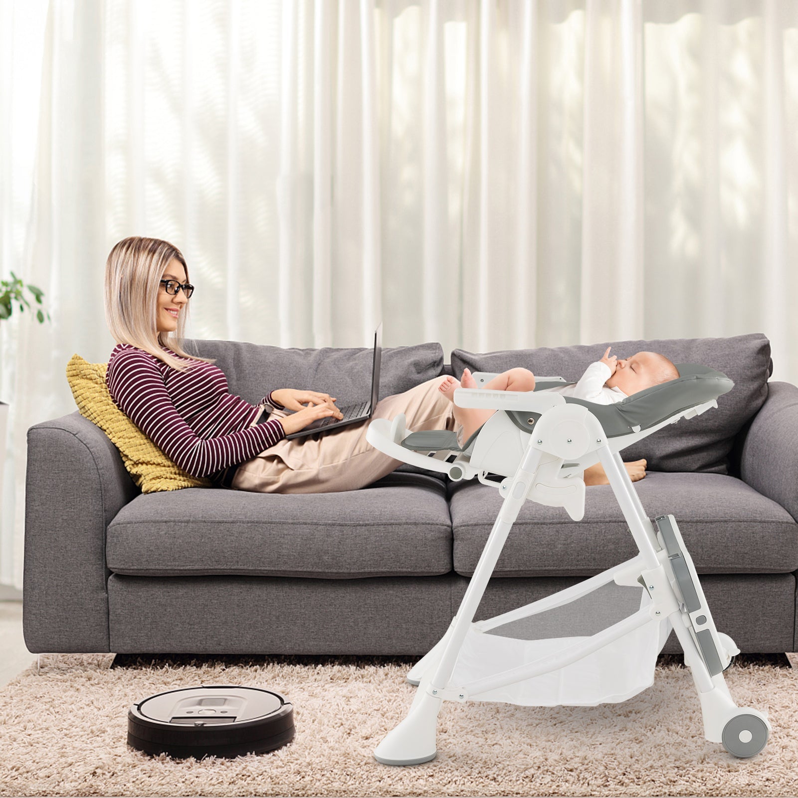 Baby High Chair with Detachable PU Cushion and Lockable Wheels - ChairwayUKBaby ChairAD10053GRBaby High Chair with Detachable PU Cushion and Lockable Wheels - Black