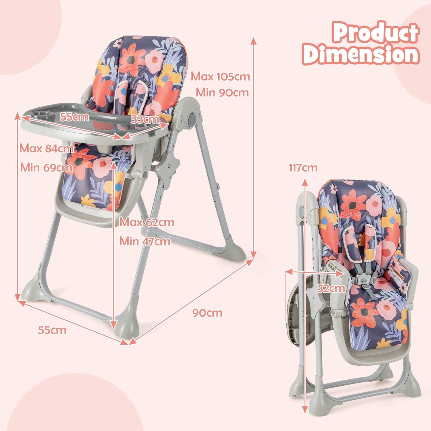 Baby Highchair with Removable Tray for 6 - 36 Months - ChairwayUKBaby ChairBB5580FLBaby Highchair with Removable Tray for 6 - 36 Months - Multicolor