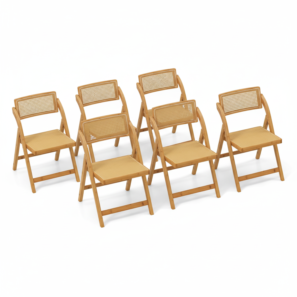 Boho Accent Rattan Cane Folding Chairs Set of 6 Bamboo Dining Chairs