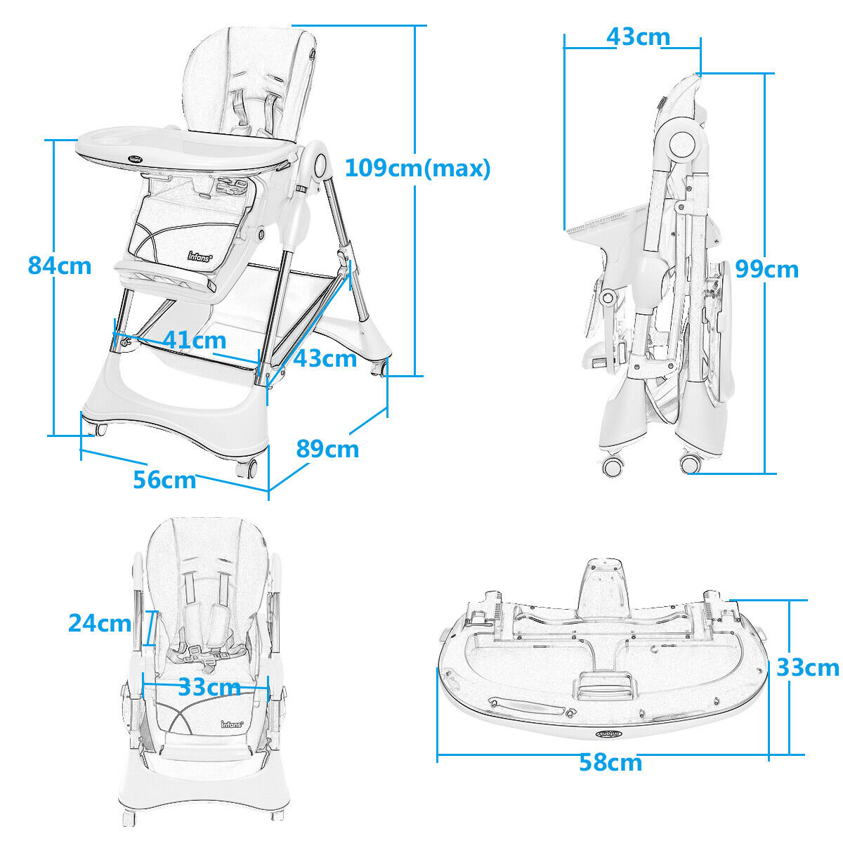 4 in 1 Folding Baby High Chair with Removable Tray and Storage