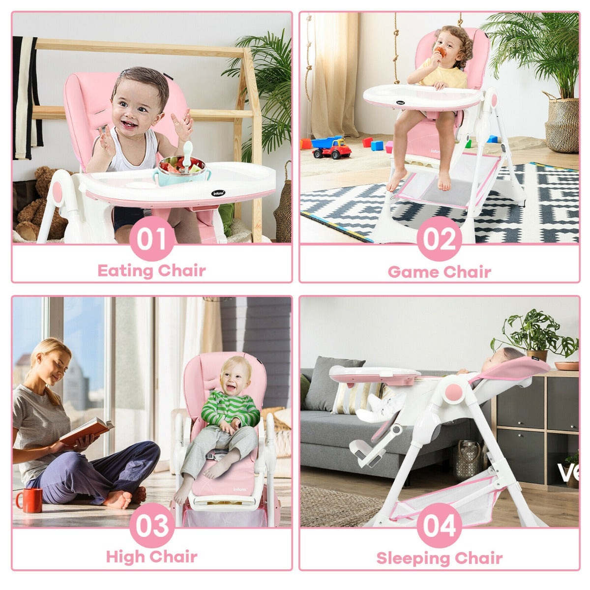 4 in 1 Folding Baby High Chair with Removable Tray and Storage