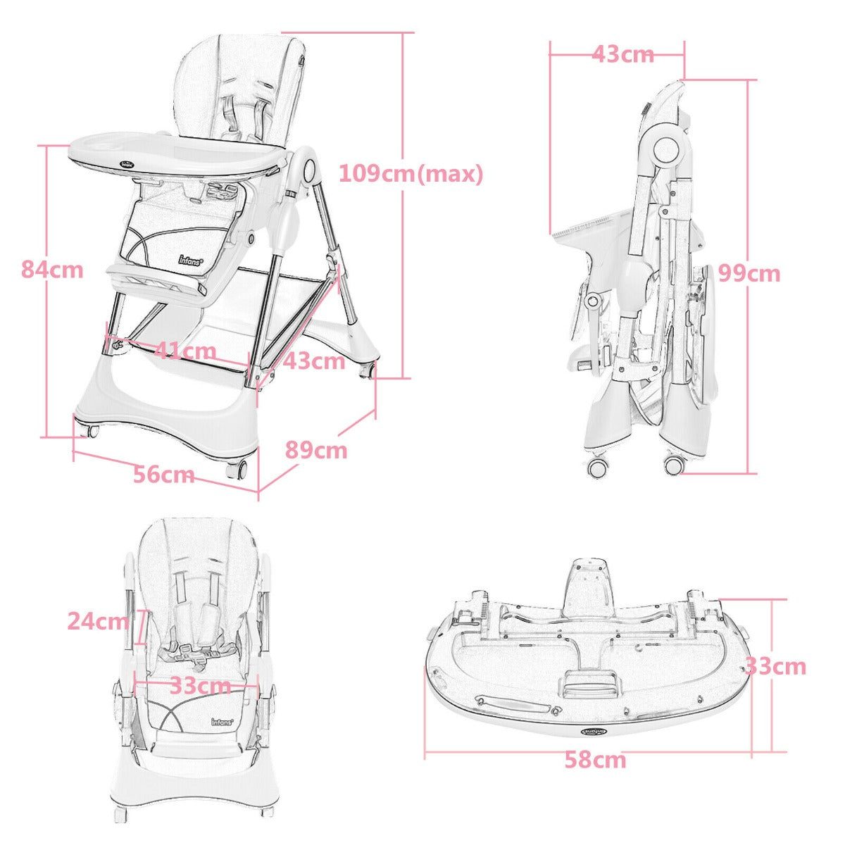 4 in 1 Folding Baby High Chair with Removable Tray and Storage