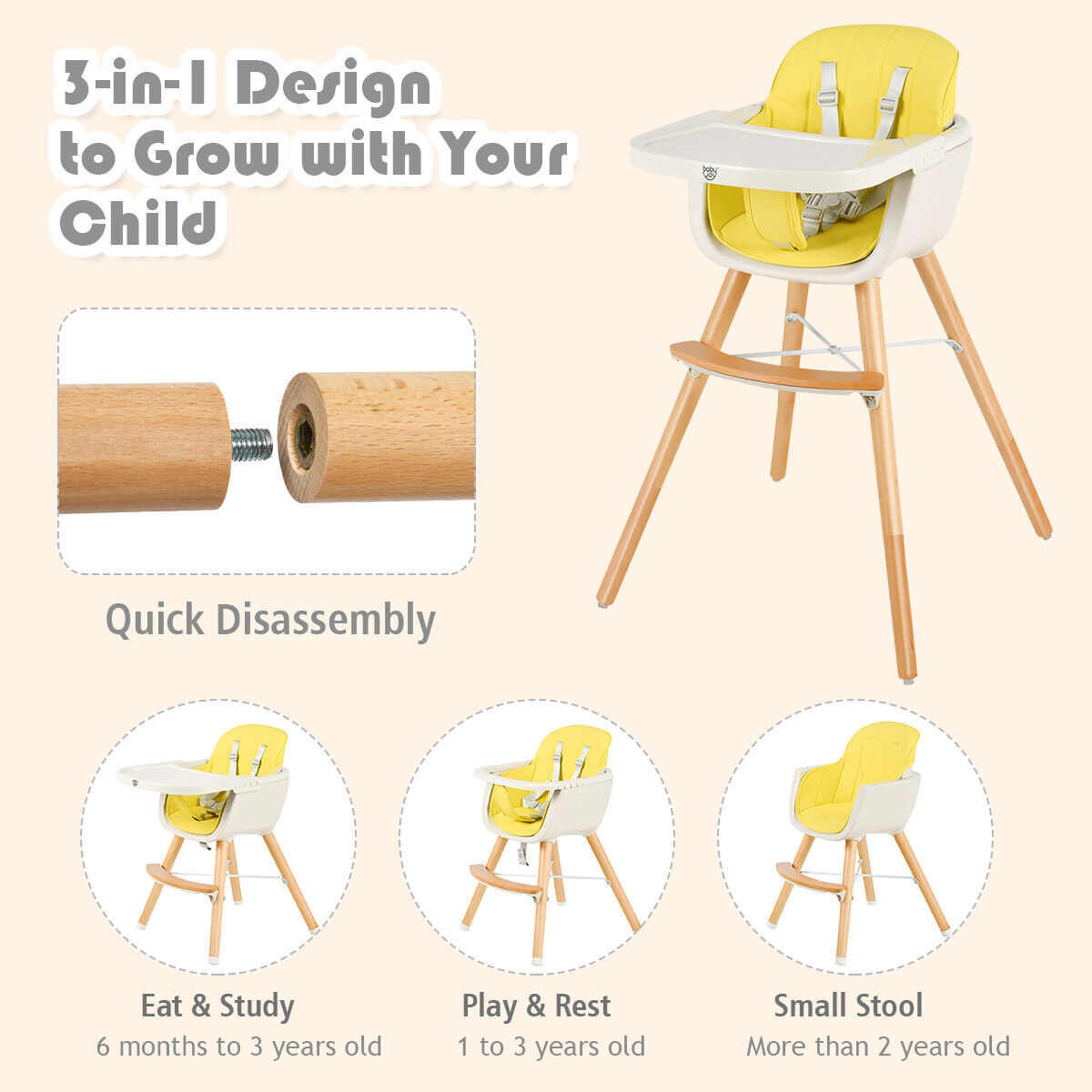 3 in 1 Baby High Chair with Adjustable Legs and Tray for Dining