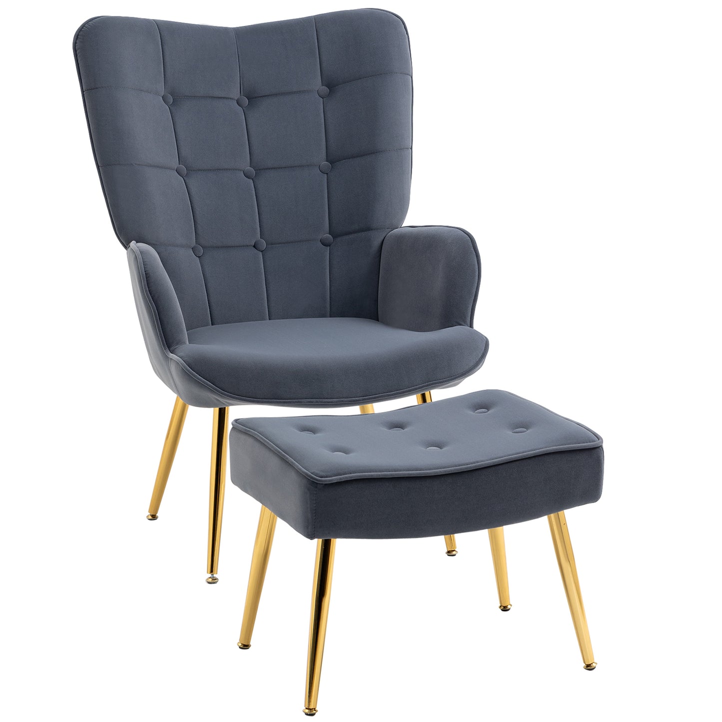 Modern Armchair with Footstool, Upholstered Accent Chair with Ottoman, Steel Legs, Velvet Wingback Chair for Living Room, Bedroom, Home Study