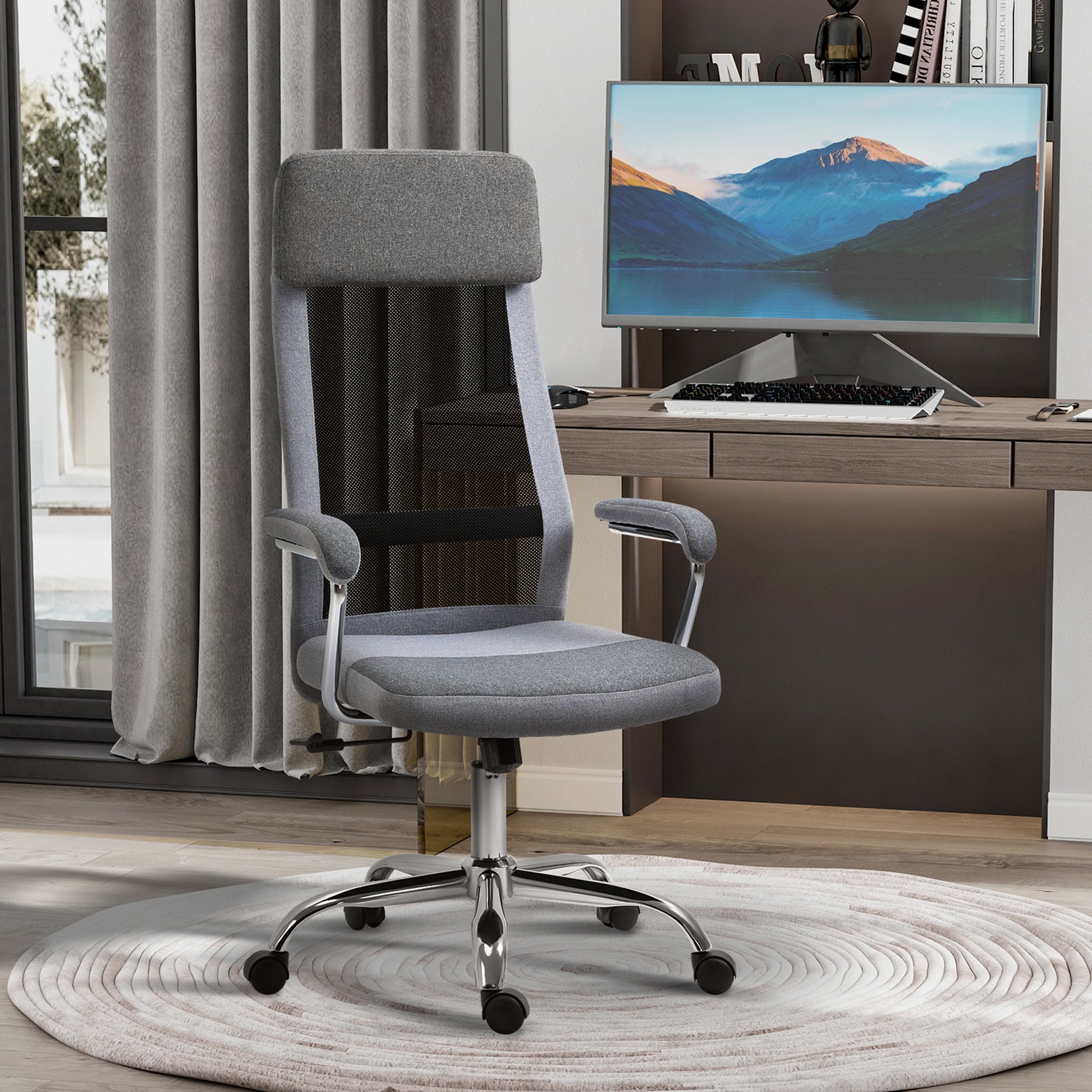 Image for Vinsetto Office Chair Linen-Feel Mesh Fabric High Back Swivel Computer Task Desk Chair for Home with Arm, Wheels, Grey