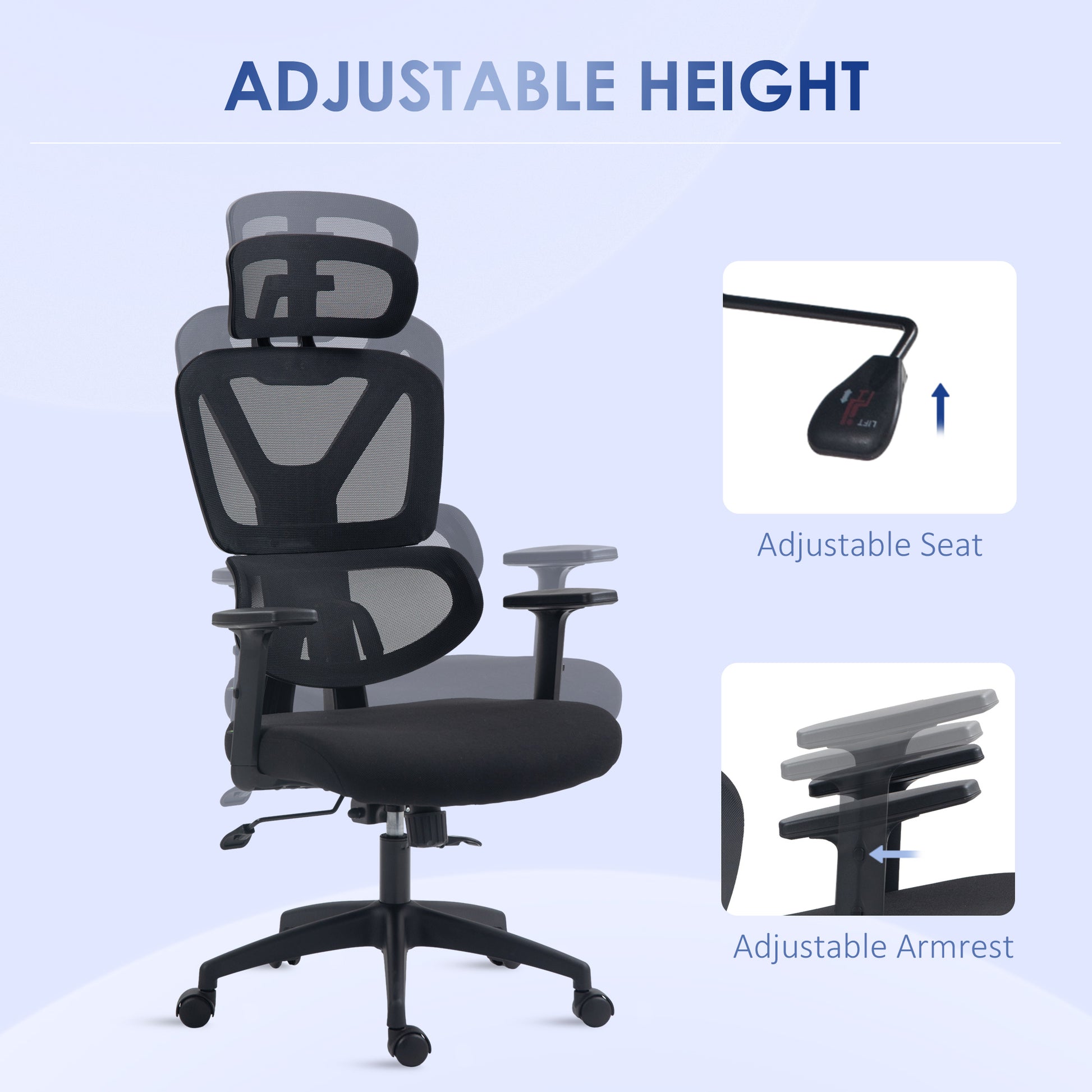 Image for Vinsetto Mesh Office Chair, Height Adjustable Desk Chair with Lumbar Support, Swivel Wheels and Adjustable Headrest, Black