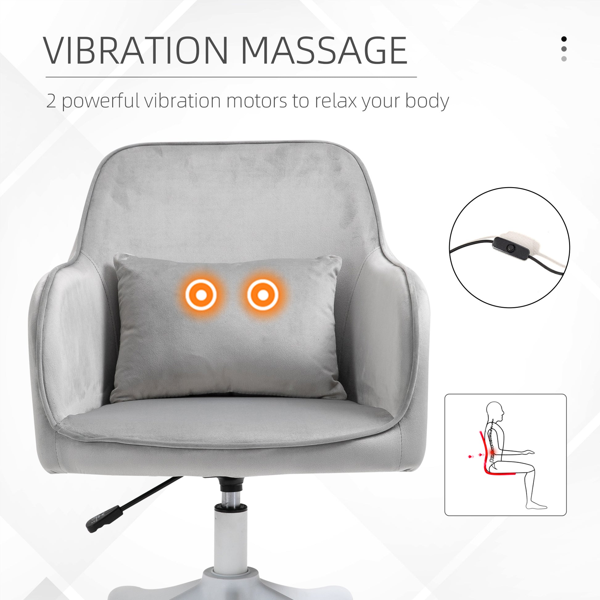 Image for Vinsetto Massage Office Chair Velvet-Feel Chair with Rechargeable Electric Vibration Massage Lumbar Pillow, Wheels, Grey