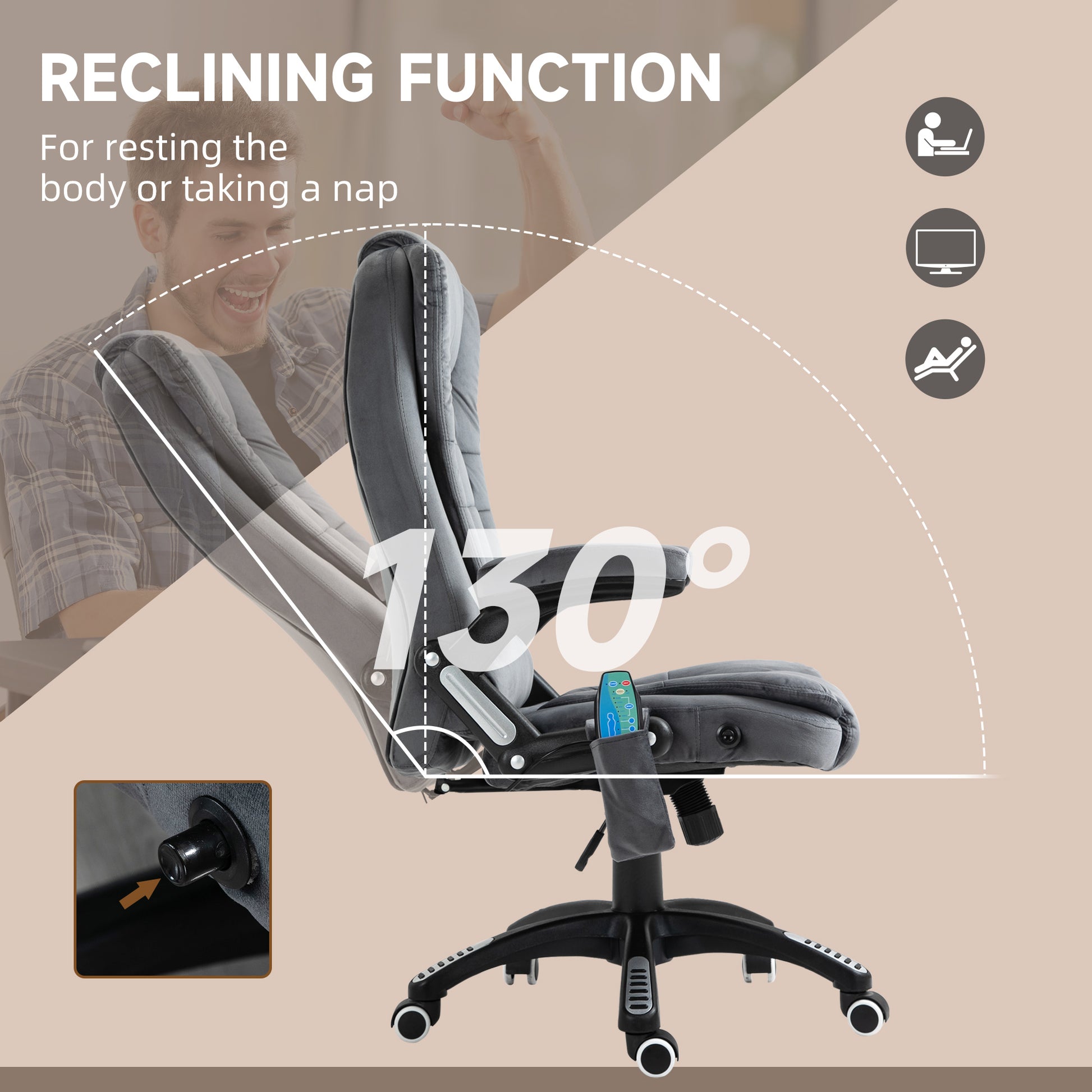 Image for Vinsetto Heated Massage Office Chair with Six Massage Points, Reclining Office Chair with Velvet-Feel Fabric 360° Swivel Wheels, Grey