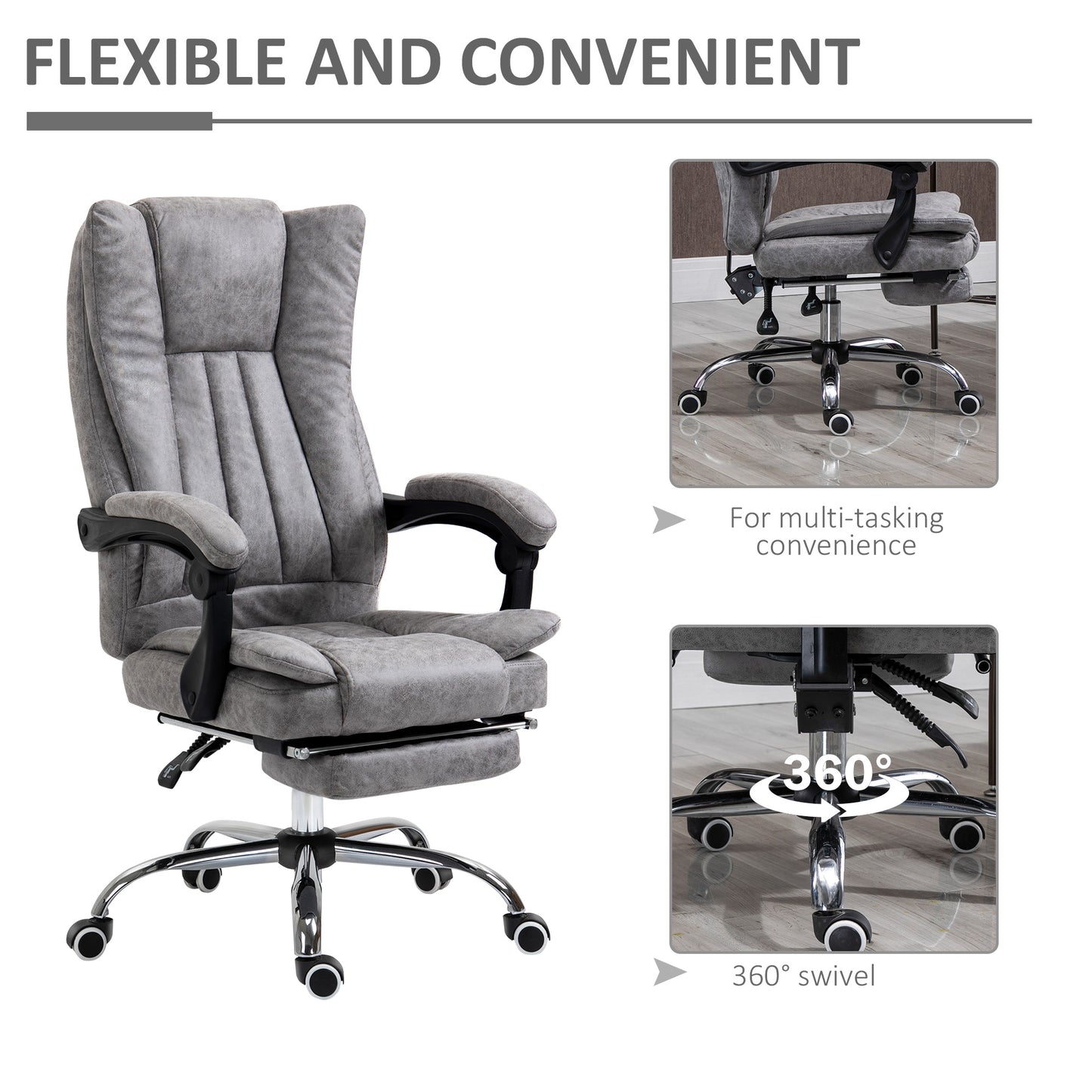 Image for Vinsetto Home Office Chair Microfibre Desk Chair with Reclining Function Armrests Swivel Wheels Footrest Grey