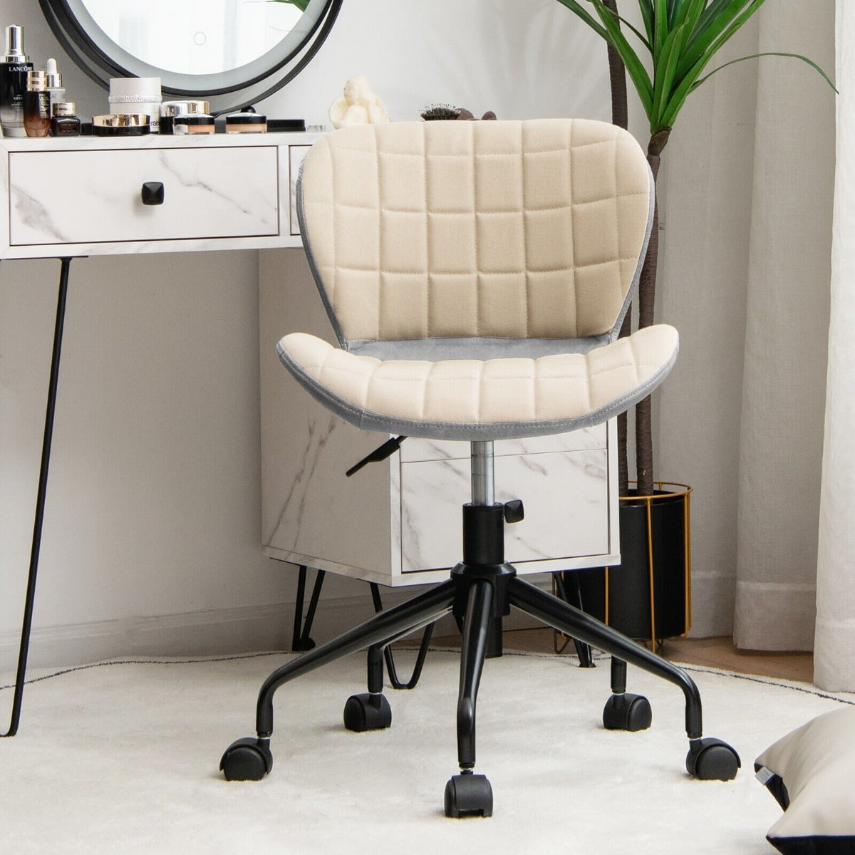 Height Adjustable Linen Fabric PU Leather Swivel Office Chair - ChairwayUK