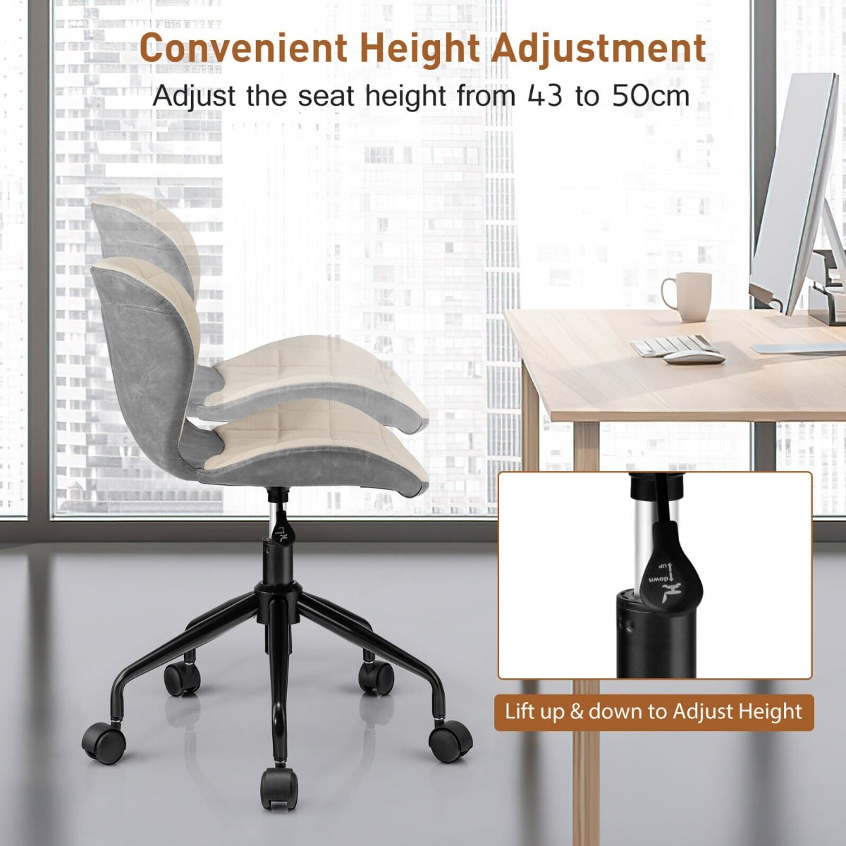 Height Adjustable Linen Fabric PU Leather Swivel Office Chair - ChairwayUK