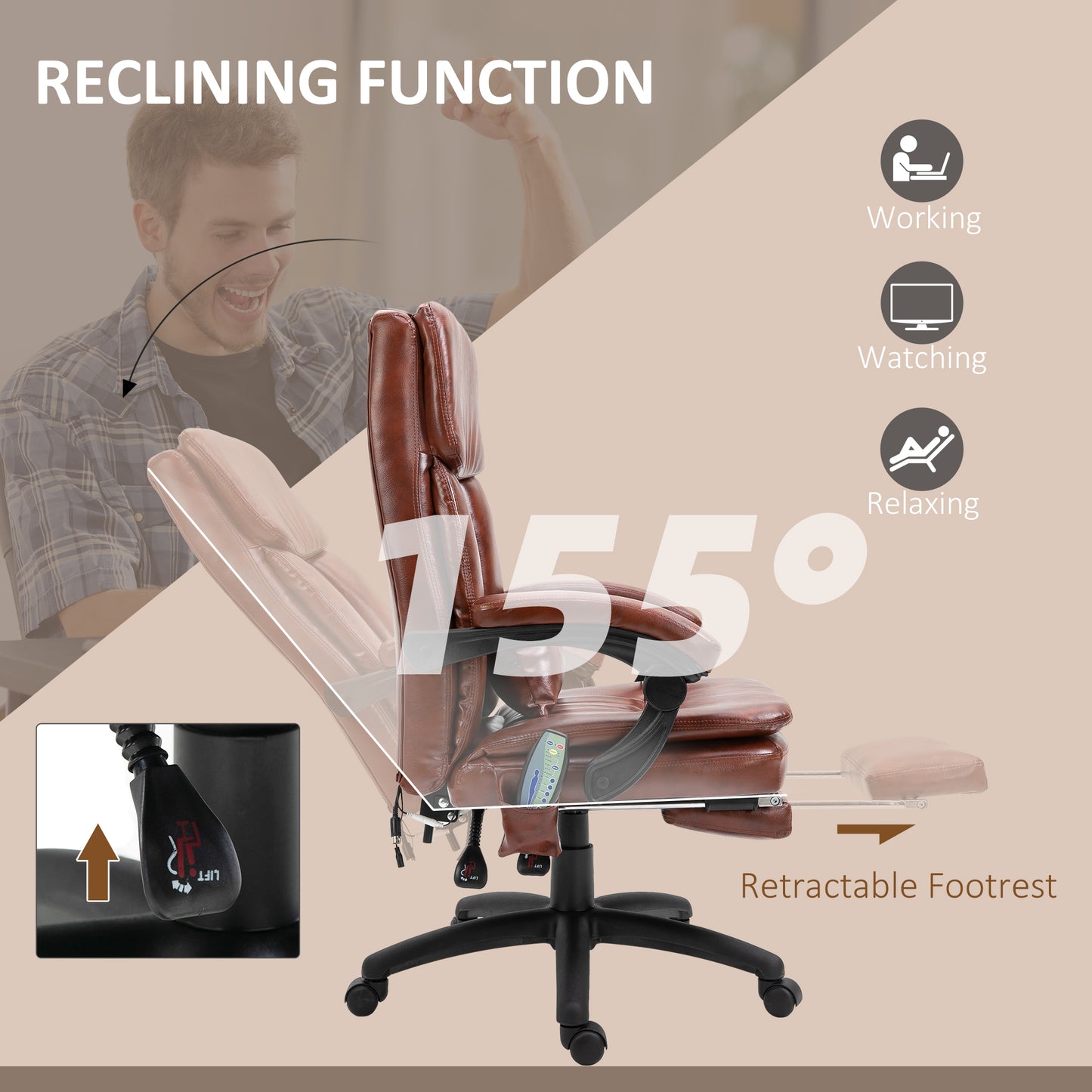 Image for Vinsetto High Back Office Chair, Gaming Recliner Chair with Footrest, 7 Massage Points, Adjustable Height, Reclining Back, PU Leather, Brown