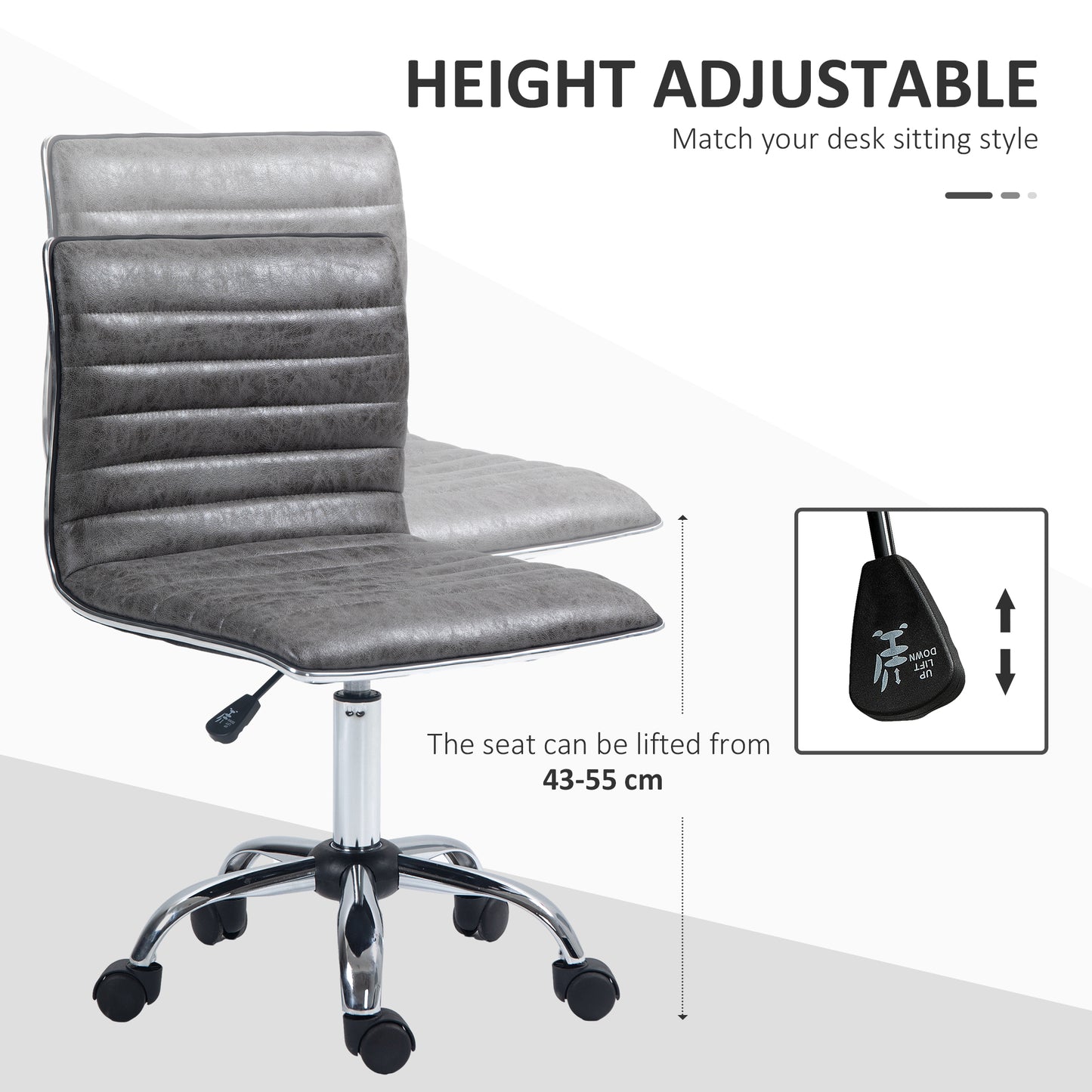 Image for Vinsetto Adjustable Swivel Office Chair with Armless Mid-Back in Microfibre Cloth and Chrome Base - Grey