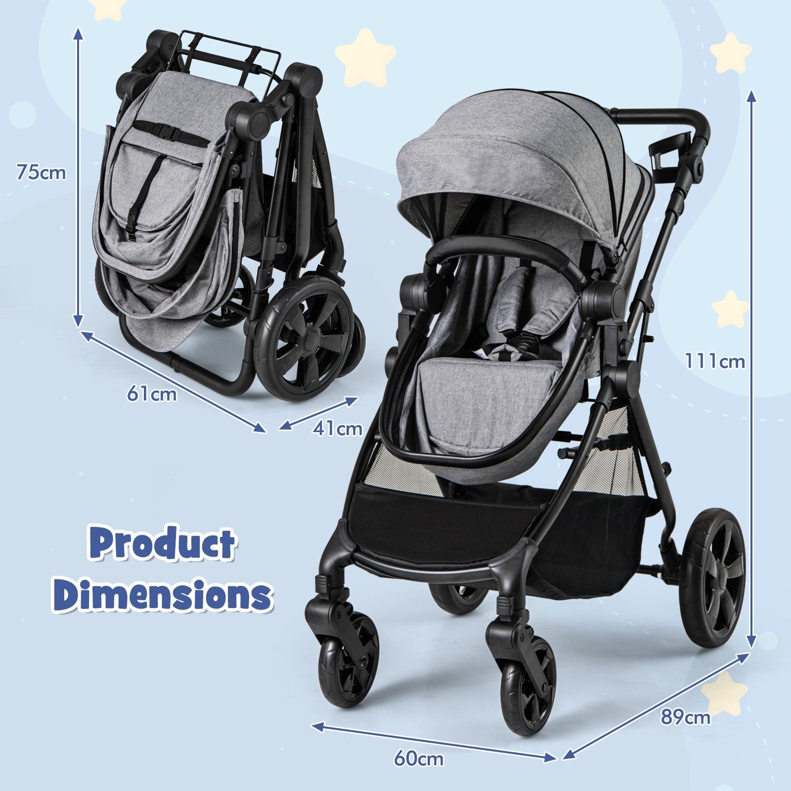 Convertible Baby Stroller with Reversible Seat and Adjustable Canopy - ChairwayUKPush ChairBC10257GRImage for Convertible Baby Stroller with Reversible Seat and Adjustable Canopy