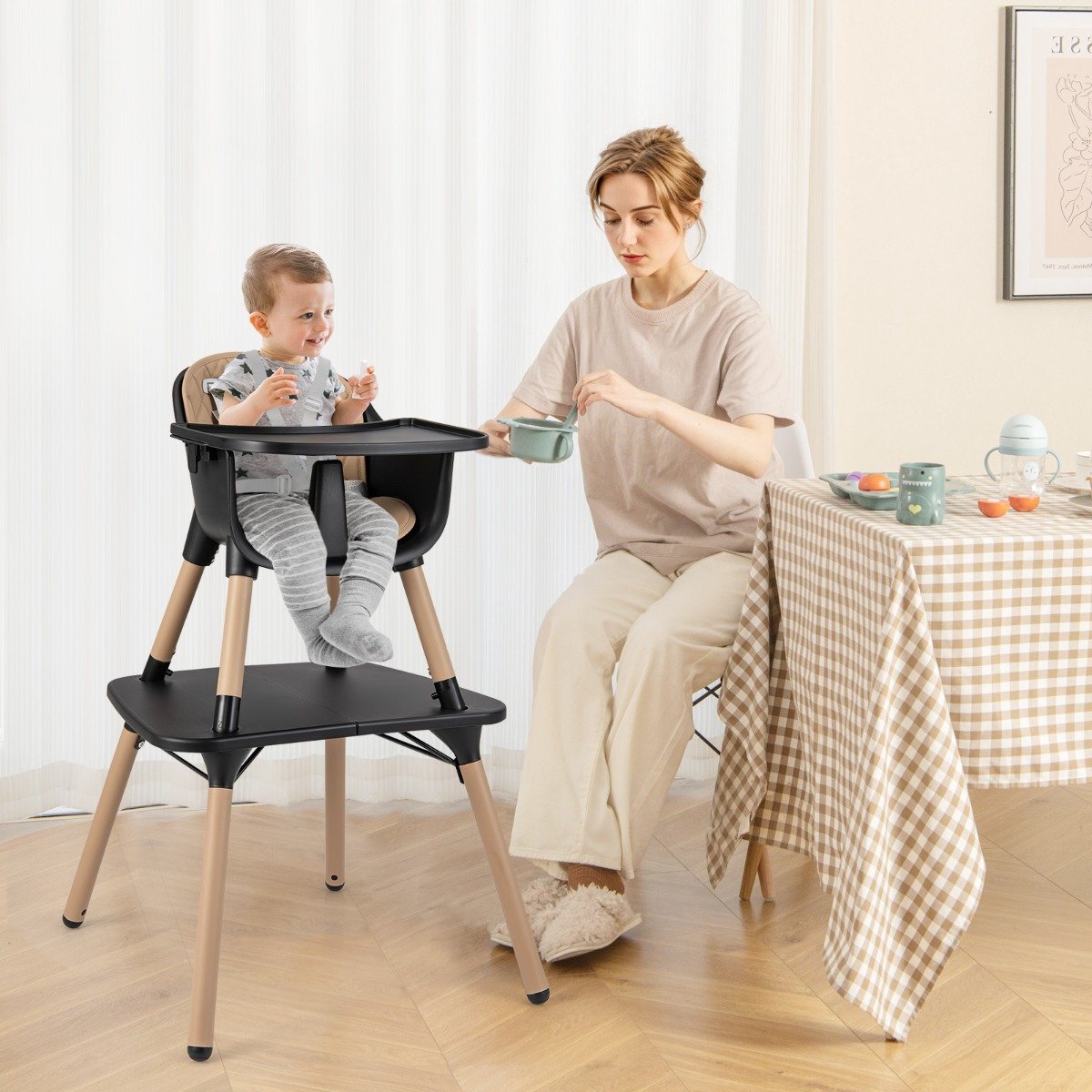 convertible Baby High Chair with 2-Position Removable Tray-Black