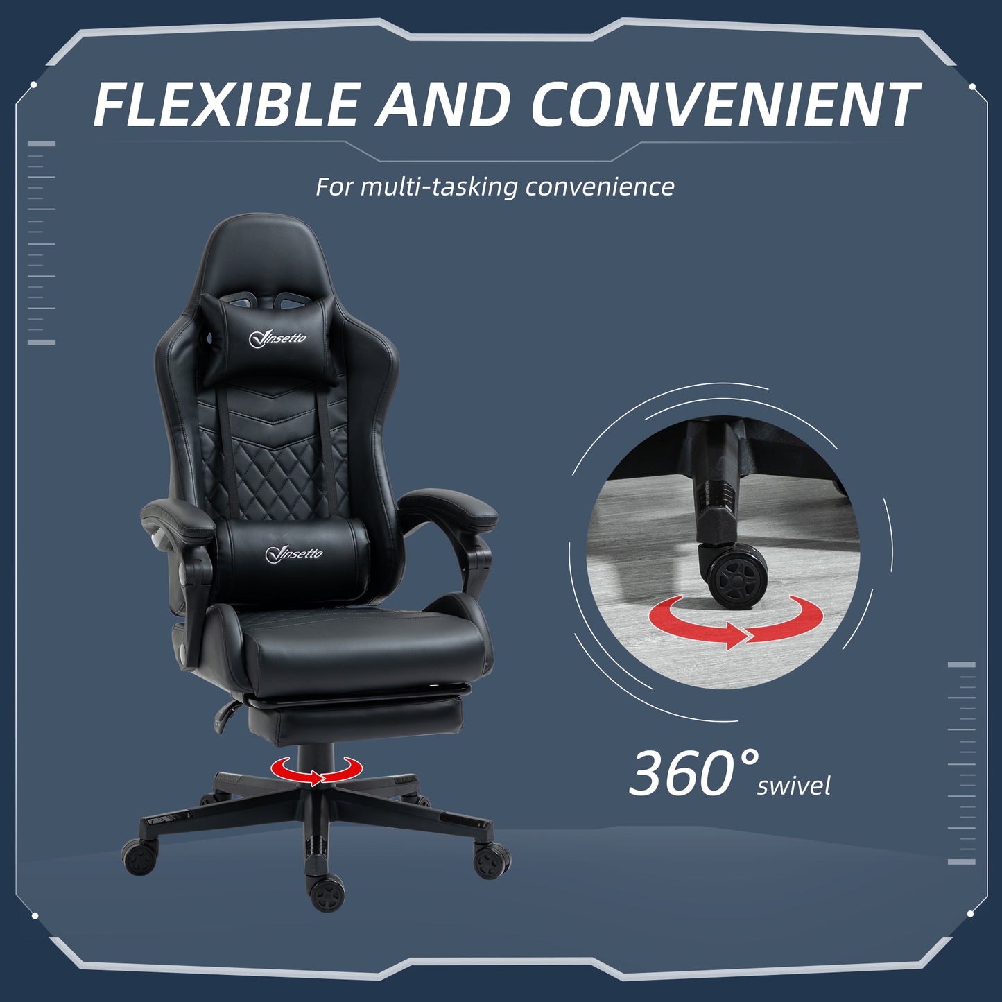 Image for Vinsetto Racing Gaming Chair with Swivel Wheel, Footrest, PU Leather Recliner Gamer Desk for Home Office, Black