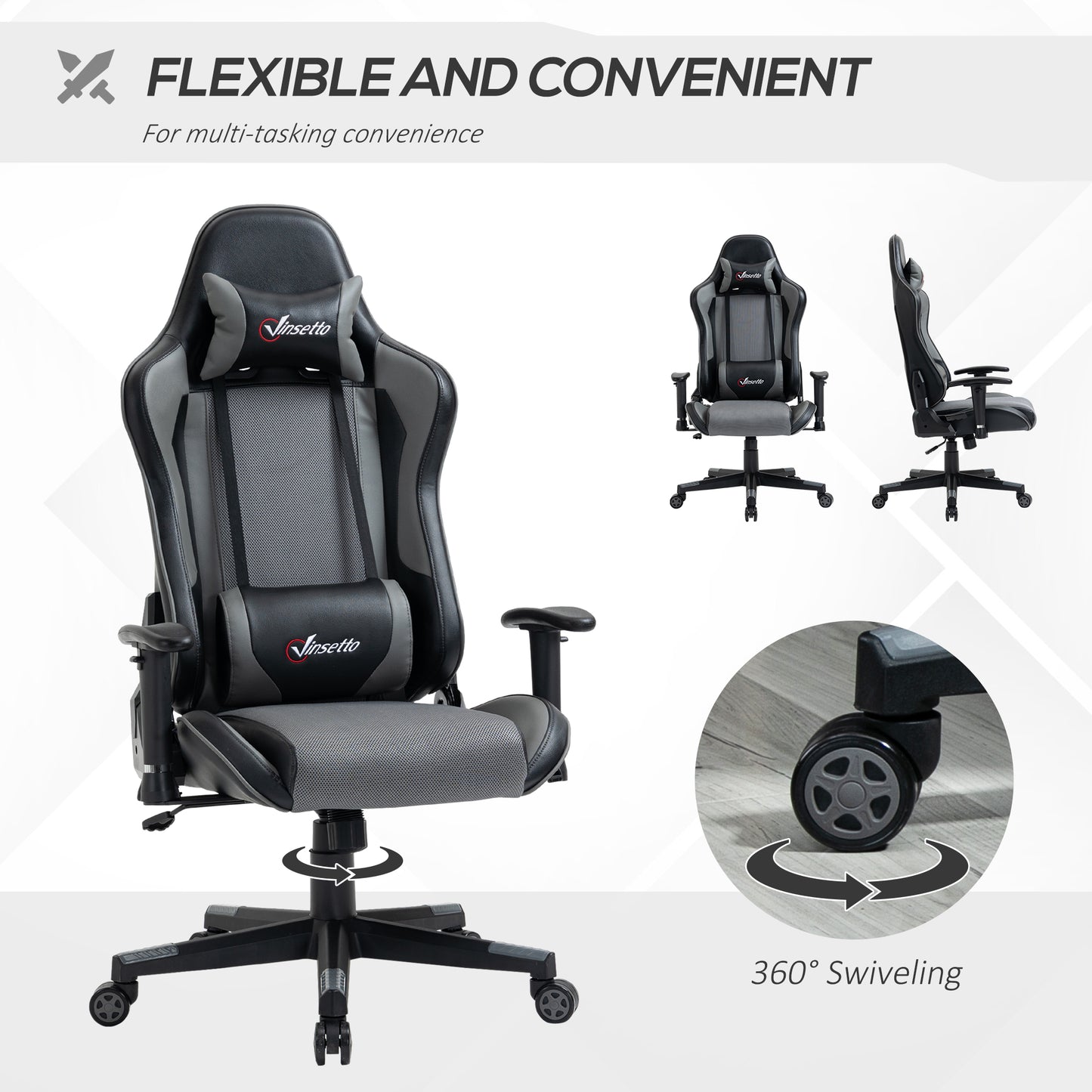 Image for Vinsetto Gaming Chair Racing Style Ergonomic Office Chair High Back Computer Desk Chair Adjustable Height Swivel Recliner with Lumbar Support, Grey