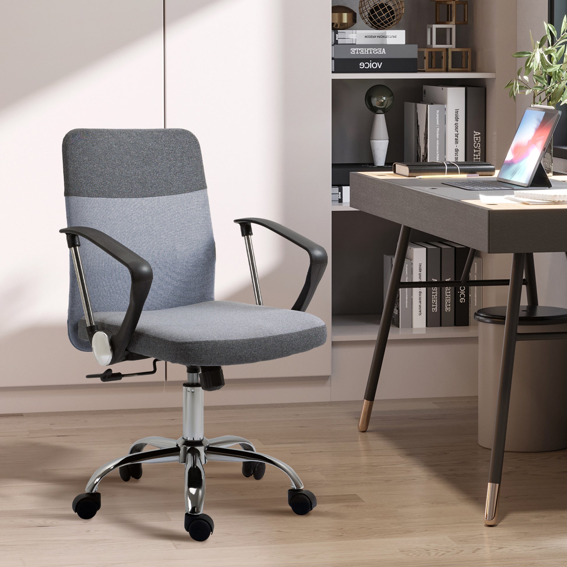 Image for Vinsetto Ergonomic Office Chair Linen Fabric Swivel Computer Desk Chair Home Study Adjustable Chair with Wheels, Grey