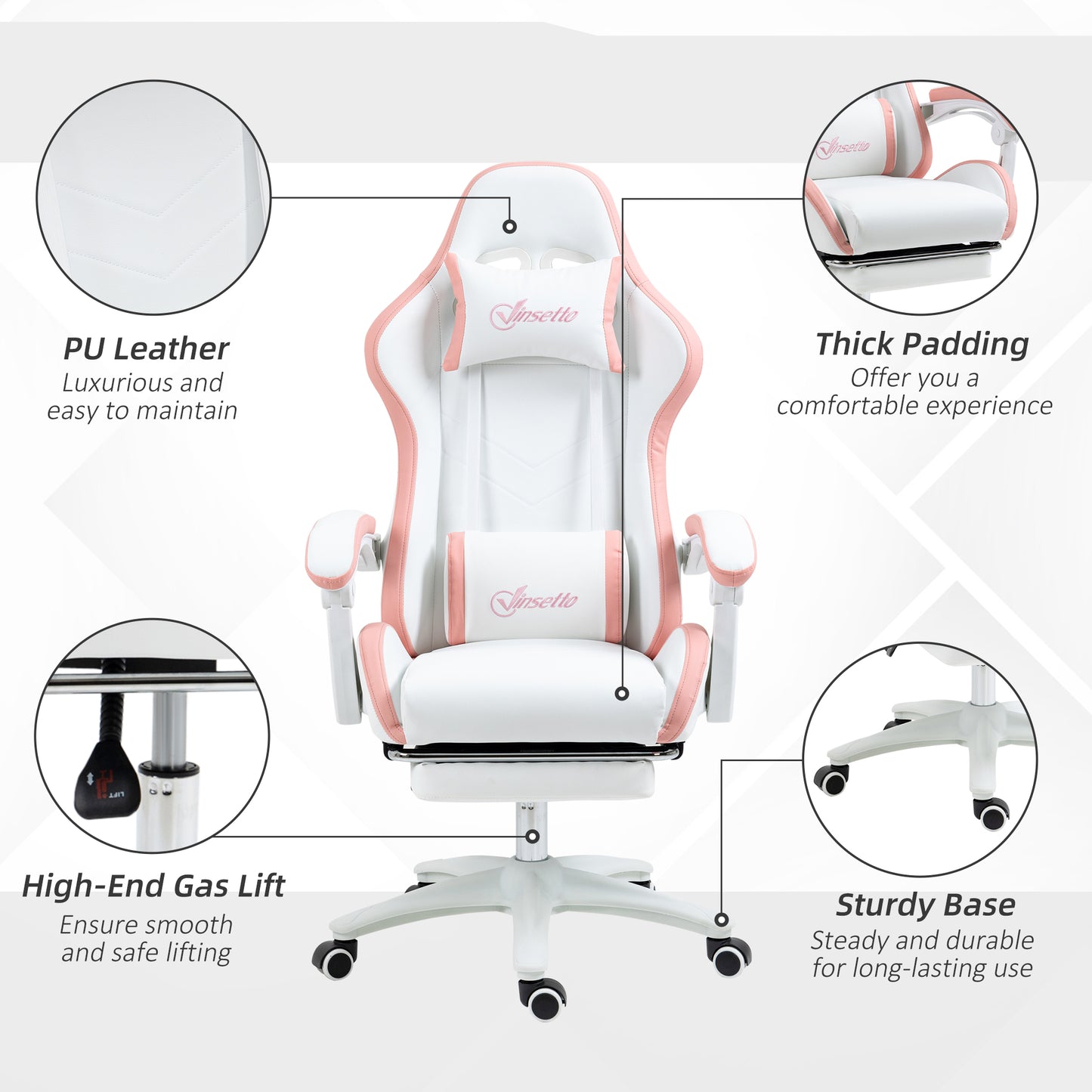 Image for Vinsetto Racing Gaming Chair, Reclining PU Leather Computer Chair with 360 Degree Swivel Seat, Footrest, Removable Headrest White and Pink