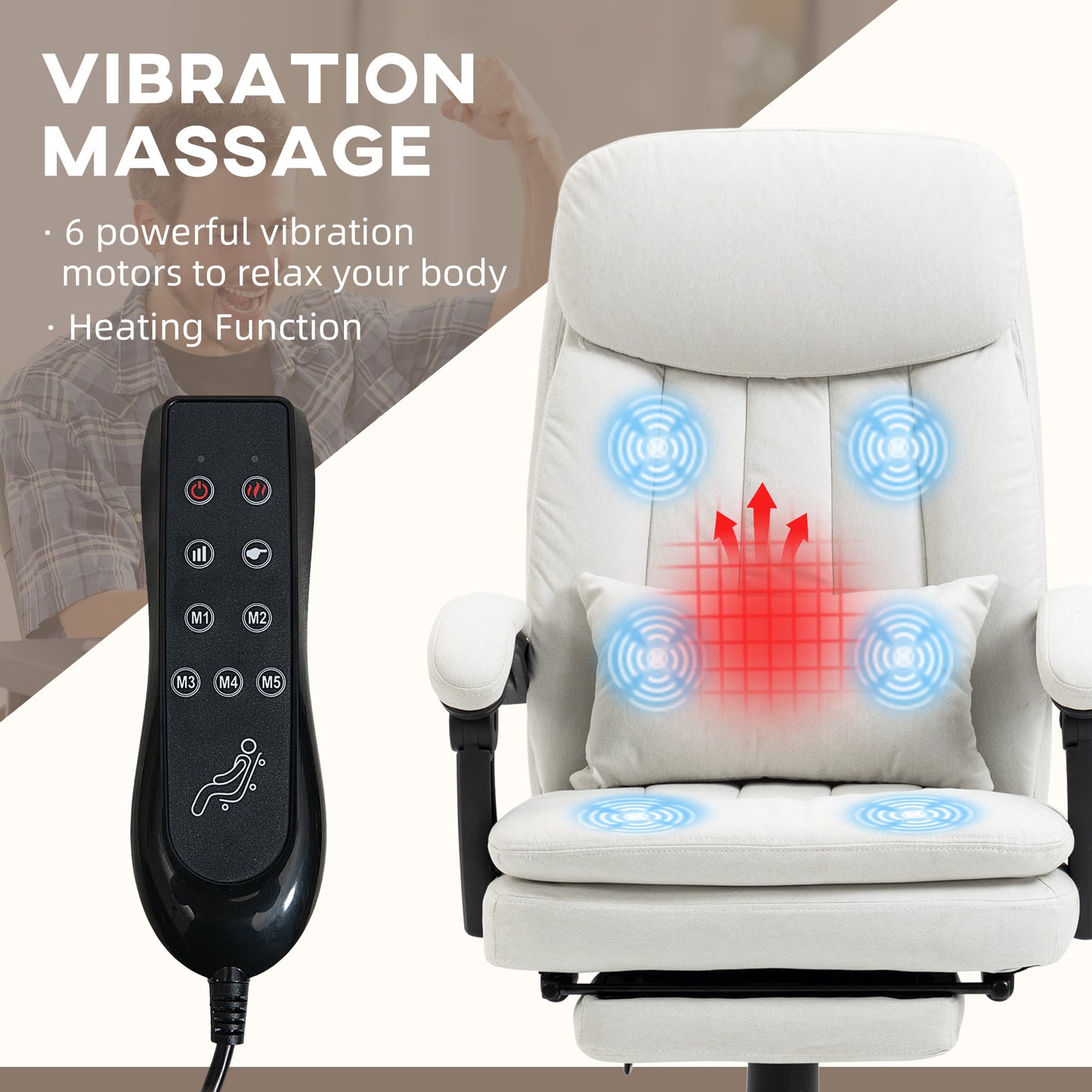 Image for Vinsetto Vibration Massage Office Chair w/ Heat, Microfibre Computer Chair w/ Footrest, Lumbar Support Pillow, Armrest, Reclining Back, Cream White