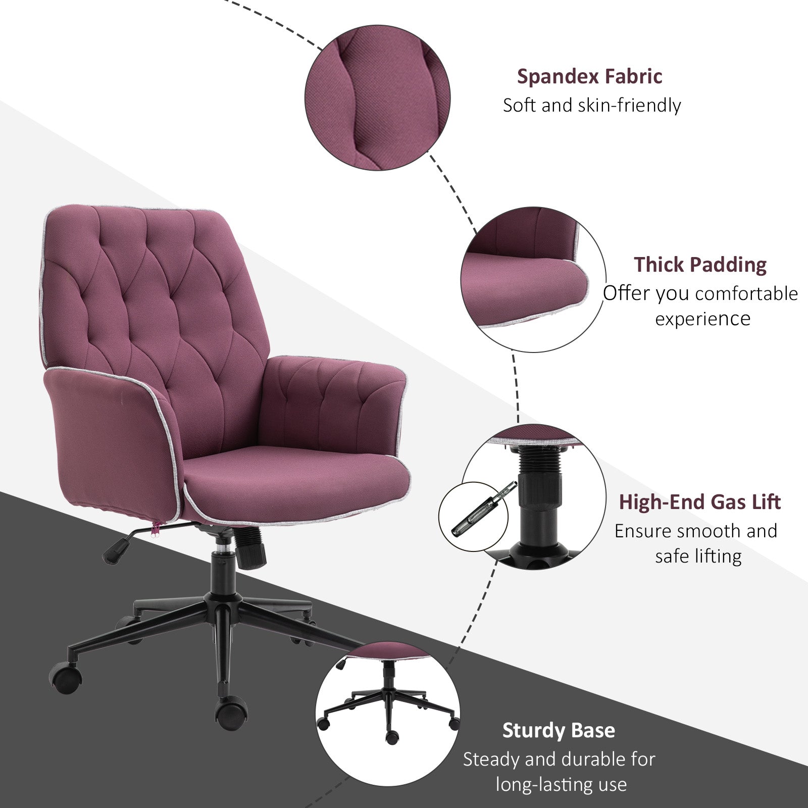 Image for Vinsetto Linen Office Swivel Chair Mid Back Computer Desk Chair with Adjustable Seat, Arm - Purple