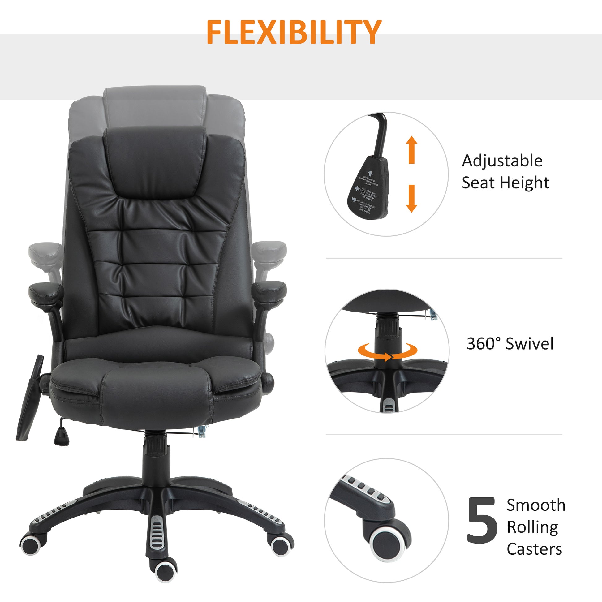 Image for HOMCOM Massage Chair with Heat, High Back PU Leather Executive Office Chair W/ Tilt and Reclining Function, Black