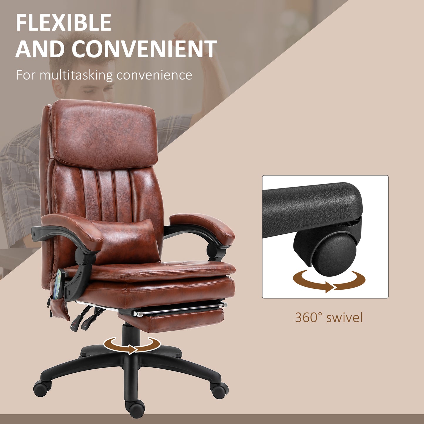 Image for Vinsetto High Back Office Chair, Gaming Recliner Chair with Footrest, 7 Massage Points, Adjustable Height, Reclining Back, PU Leather, Brown