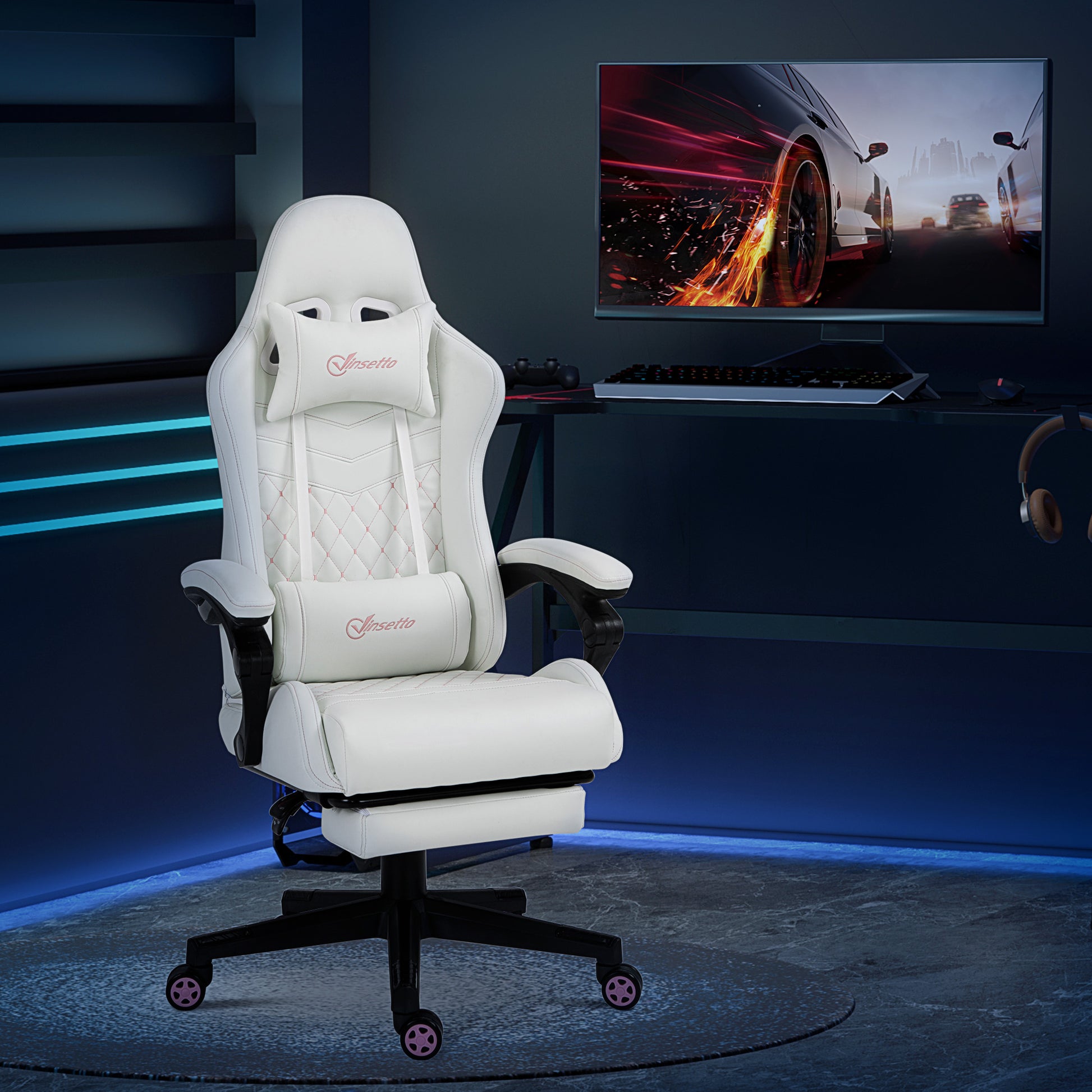 Image for Vinsetto Racing Gaming Chair with Swivel Wheel, Footrest, PU Leather Recliner Gamer Desk for Home Office, White