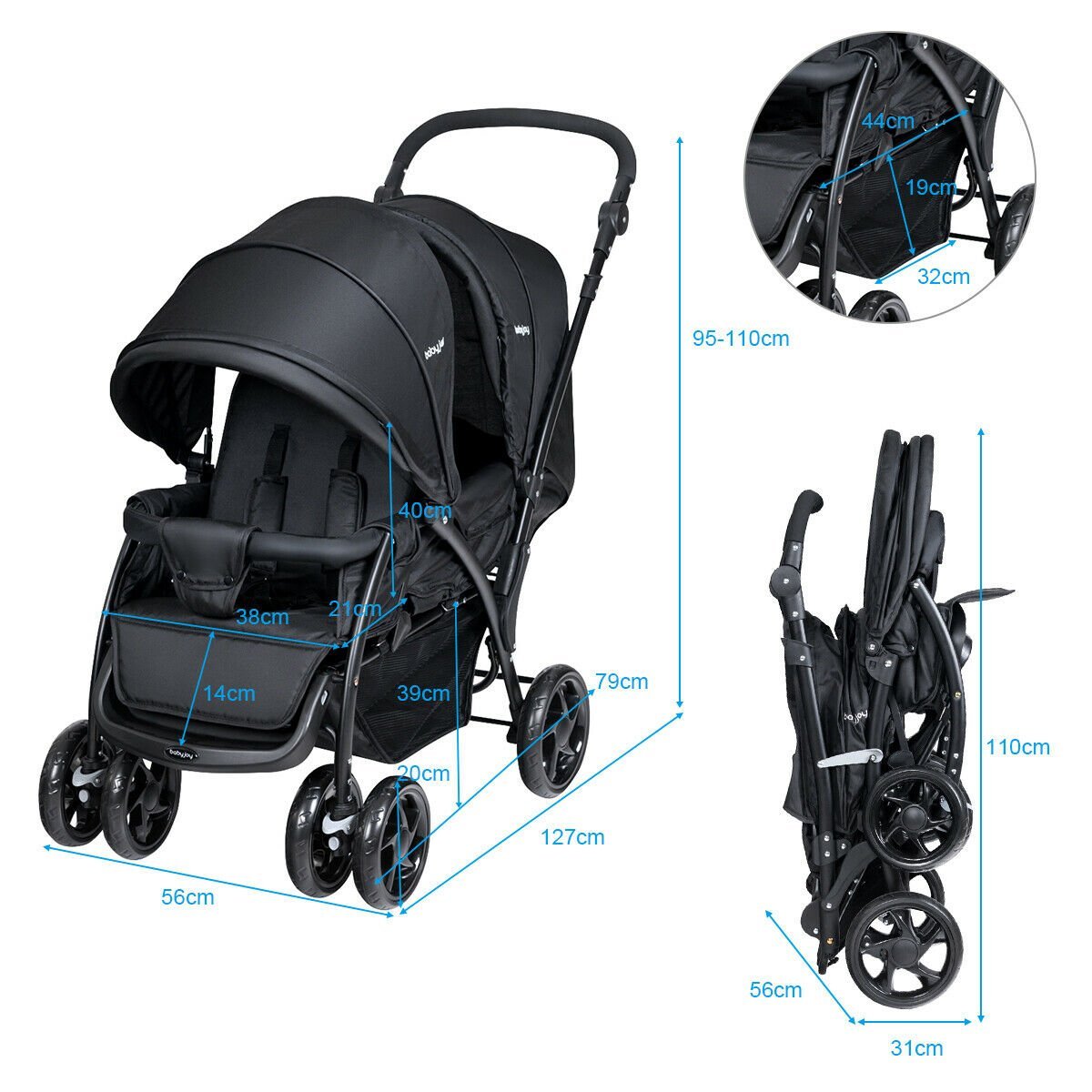 Double Pushchair with Adjustable Backrest and Sunshade - ChairwayUKPush ChairBC10106BKImage for Convertible Baby Stroller with Reversible Seat and Adjustable Canopy