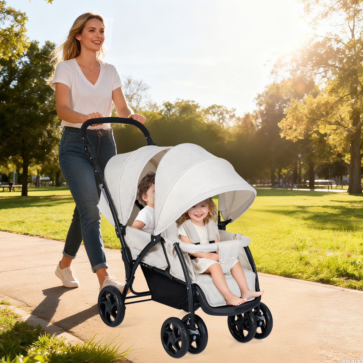 Double Pushchair with Adjustable Backrest and Sunshade - ChairwayUK