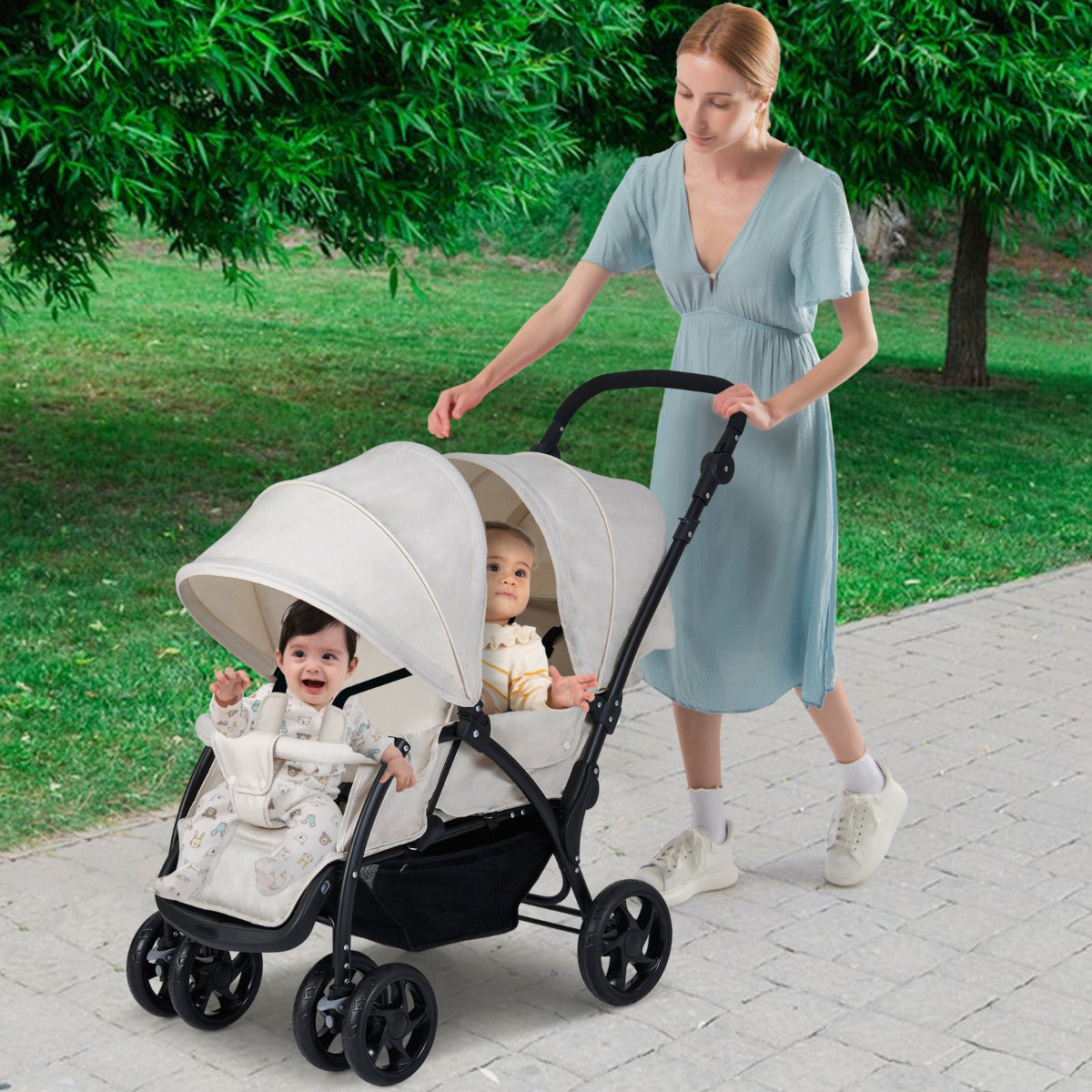 Double Pushchair with Adjustable Backrest and Sunshade - ChairwayUK