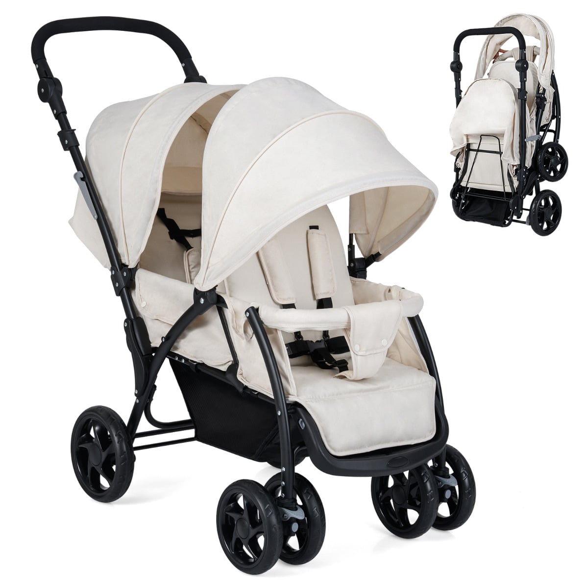 Double Pushchair with Adjustable Backrest and Sunshade - ChairwayUK