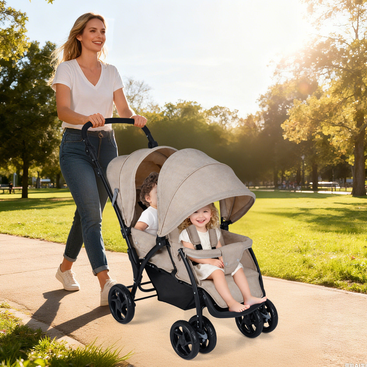 Double Pushchair with Adjustable Backrest and Sunshade - ChairwayUK