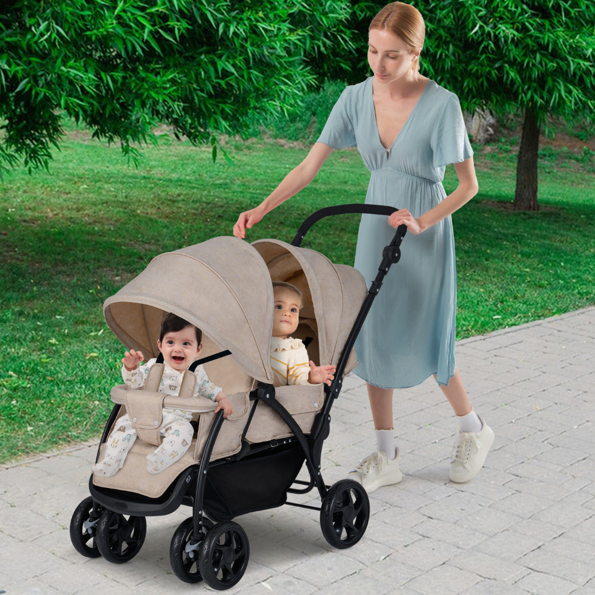 Double Pushchair with Adjustable Backrest and Sunshade - ChairwayUK