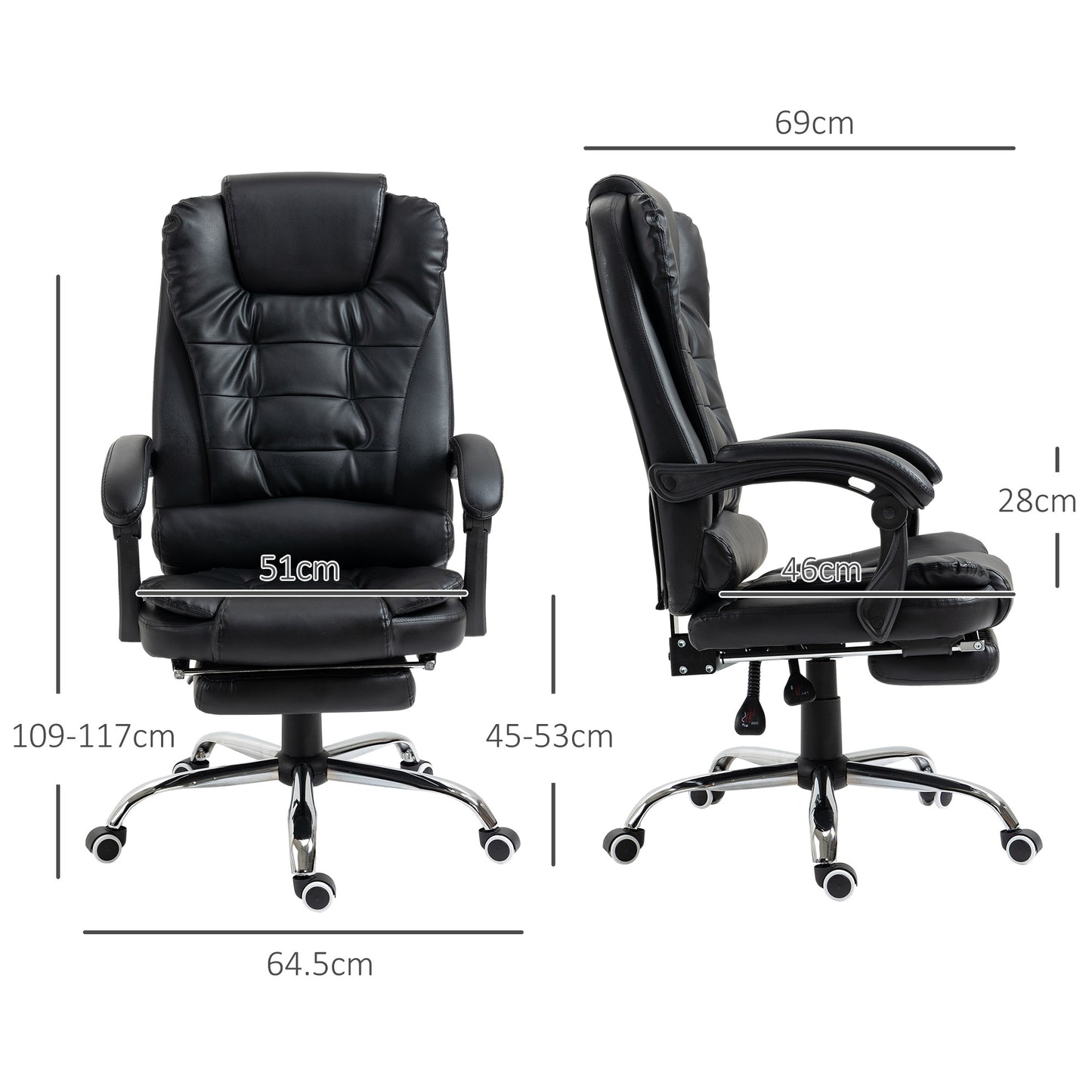 Image for HOMCOM Executive Office Chair, All-round Adjustable PU Leather Home Office Chair with Swivel Wheels, Reclining Backrest, Retractable Footrest, Black