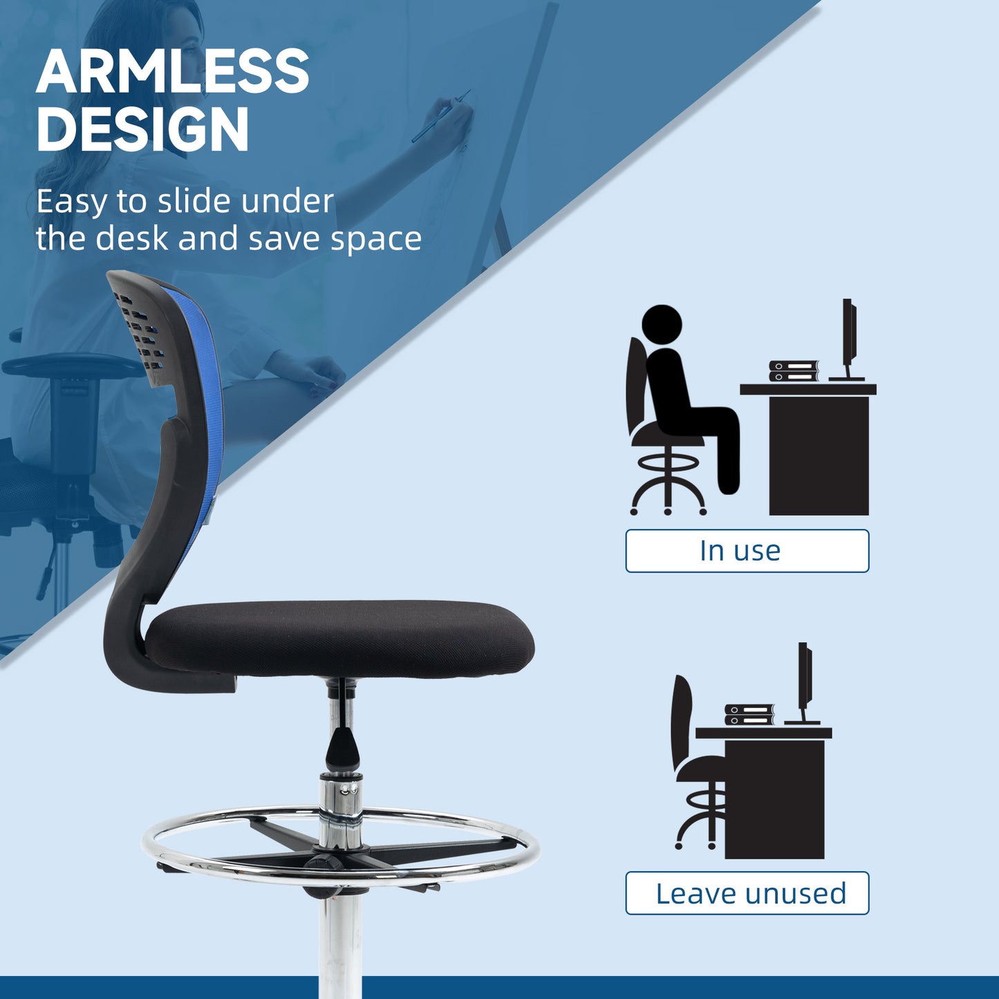 Image for Vinsetto Drafting Chair, Swivel Office Draughtsman Chair, Mesh Standing Desk Chair with Lumbar Support, Adjustable Foot Ring, Armless, Dark Blue