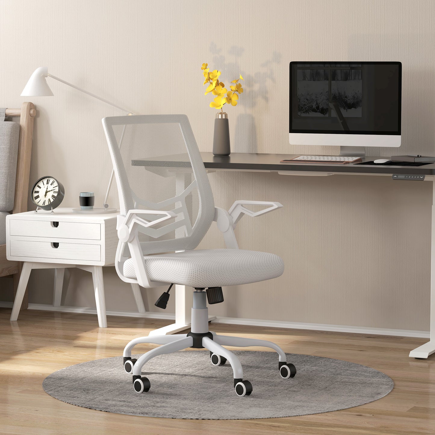 Image for Vinsetto Mesh Office Chair, Computer Desk Chair with Flip-up Armrests, Lumbar Back Support and Swivel Wheels, White