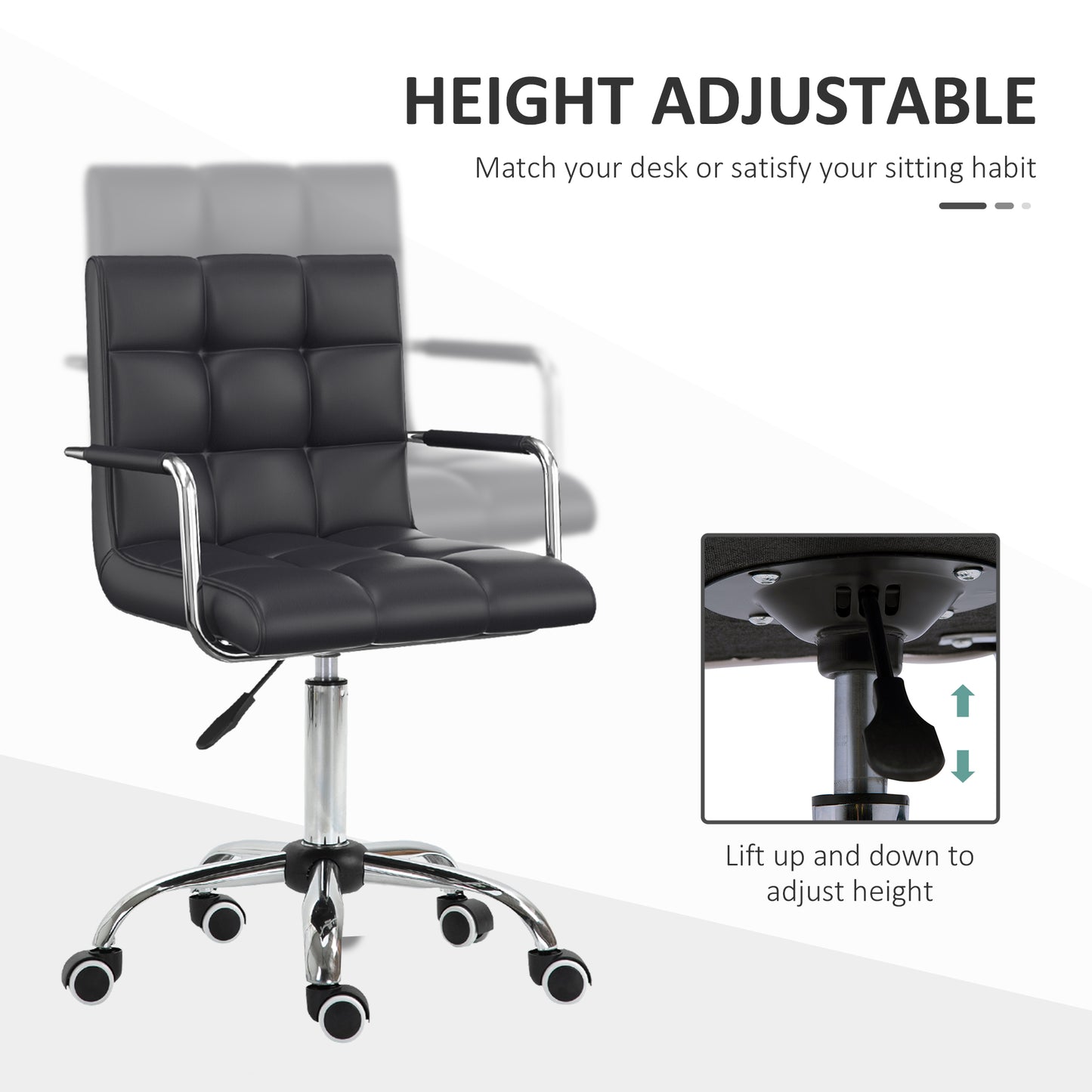 Image for Vinsetto Mid Back PU Leather Home Office Desk Chair Swivel Computer Chair with Arm, Wheels, Adjustable Height, Black