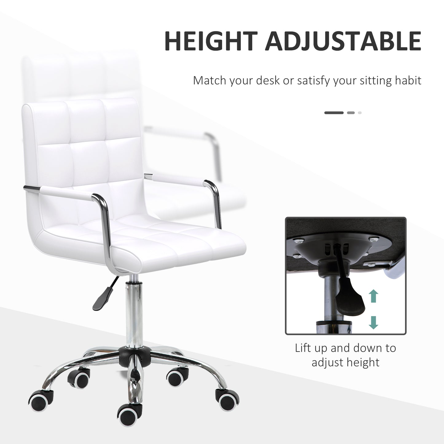 Image for Vinsetto Mid Back PU Leather Home Office Desk Chair Swivel Computer Chair with Arm, Wheels, Adjustable Height, White