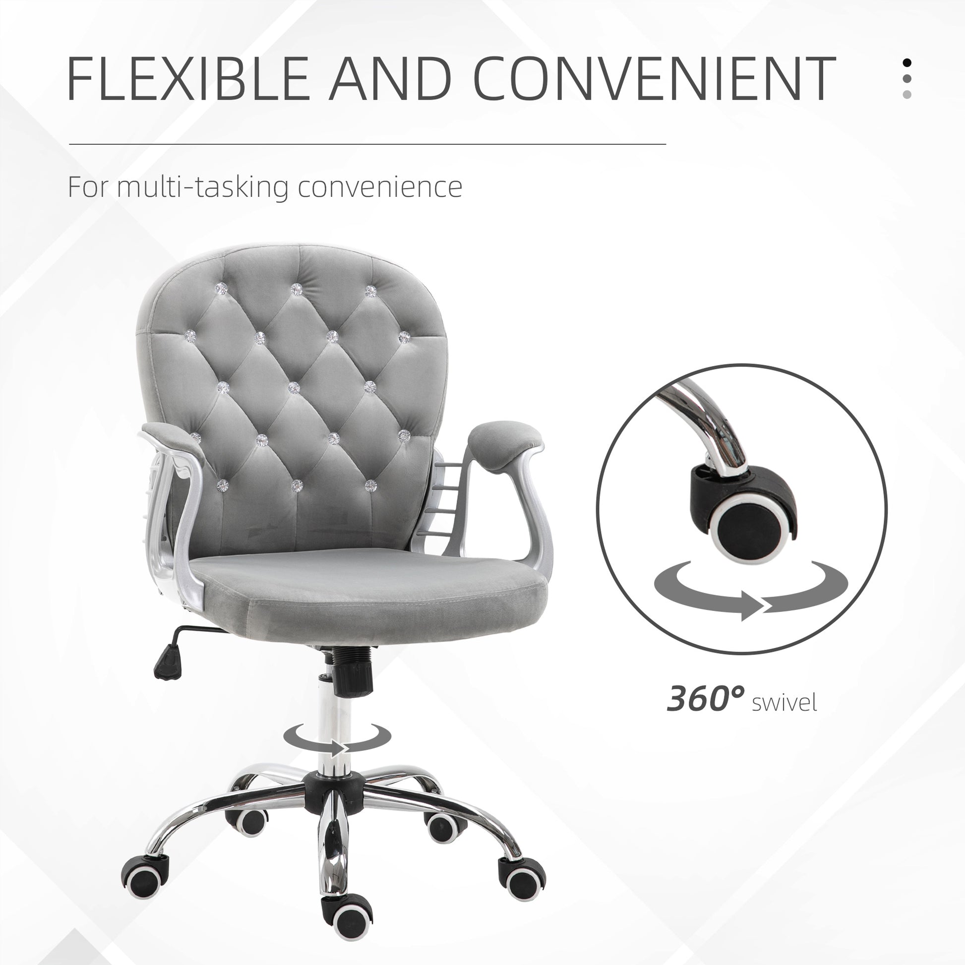 Image for Vinsetto Office Chair Ergonomic 360° Swivel Diamond Tufted Home Work Velour Padded Base 5 Castor Wheels Grey