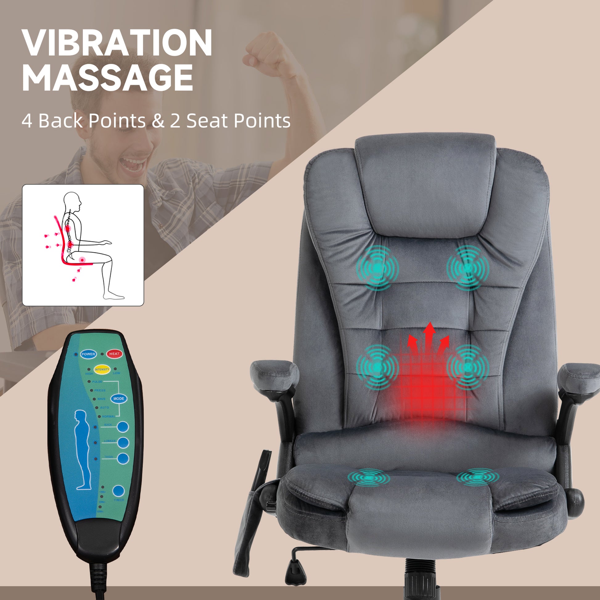 Image for Vinsetto Heated Massage Office Chair with Six Massage Points, Reclining Office Chair with Velvet-Feel Fabric 360° Swivel Wheels, Grey