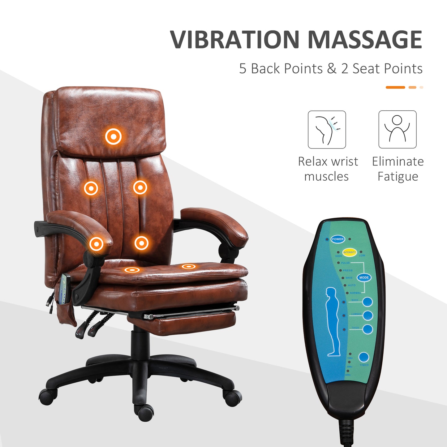 Image for Vinsetto High Back Office Chair, Gaming Recliner Chair with Footrest, 7 Massage Points, Adjustable Height, Reclining Back, PU Leather, Brown