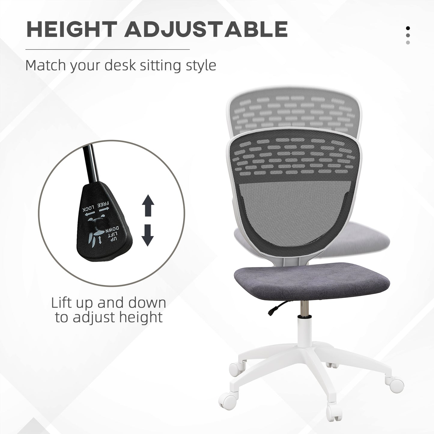 Image for Vinsetto Armless Desk Chair, Mesh Office Chair, Height Adjustable with Swivel Wheels, Grey