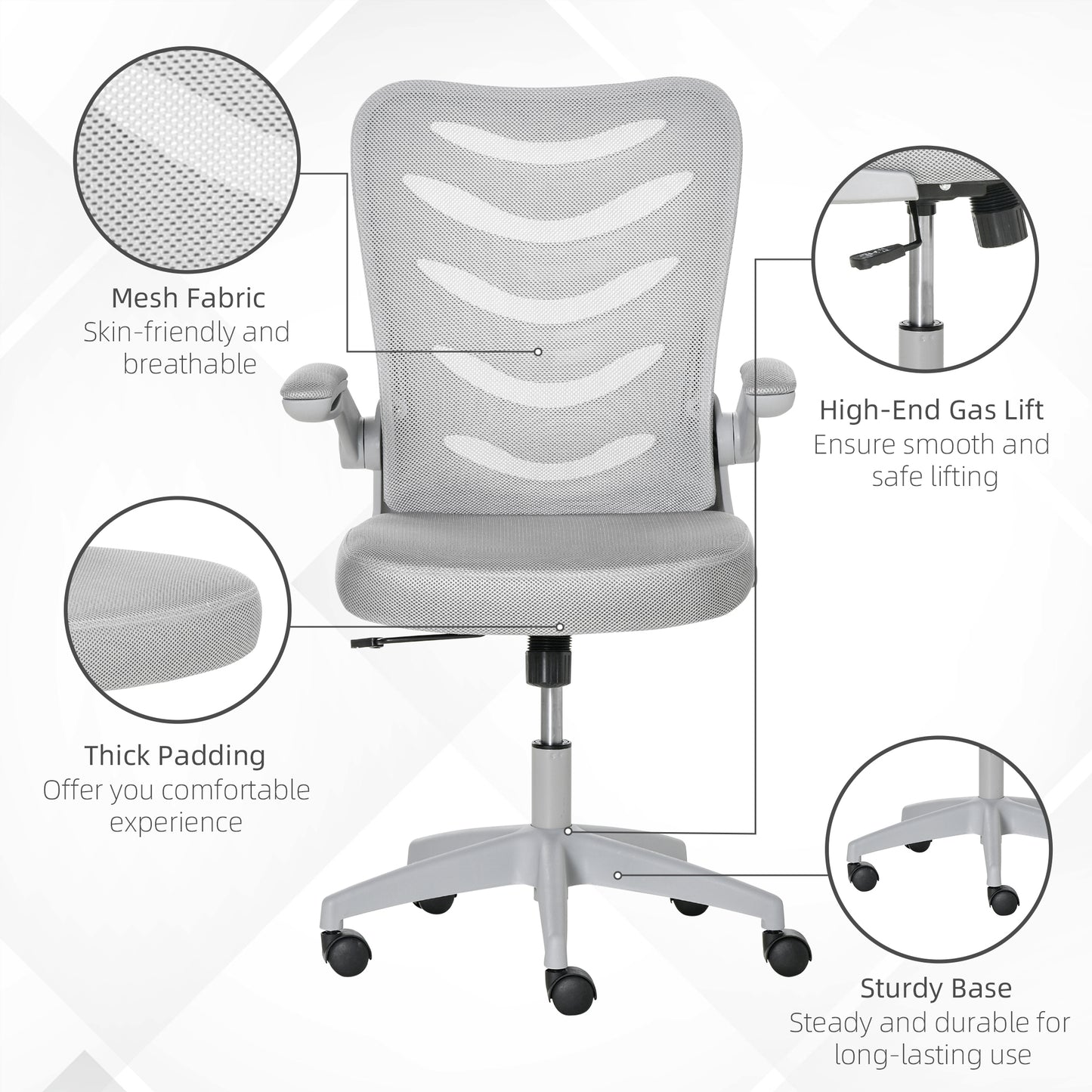 Image for Vinsetto Mesh Office Chair for Home Swivel Task Desk Chair with Lumbar Back Support, Flip-Up Arm, Adjustable Height, Grey