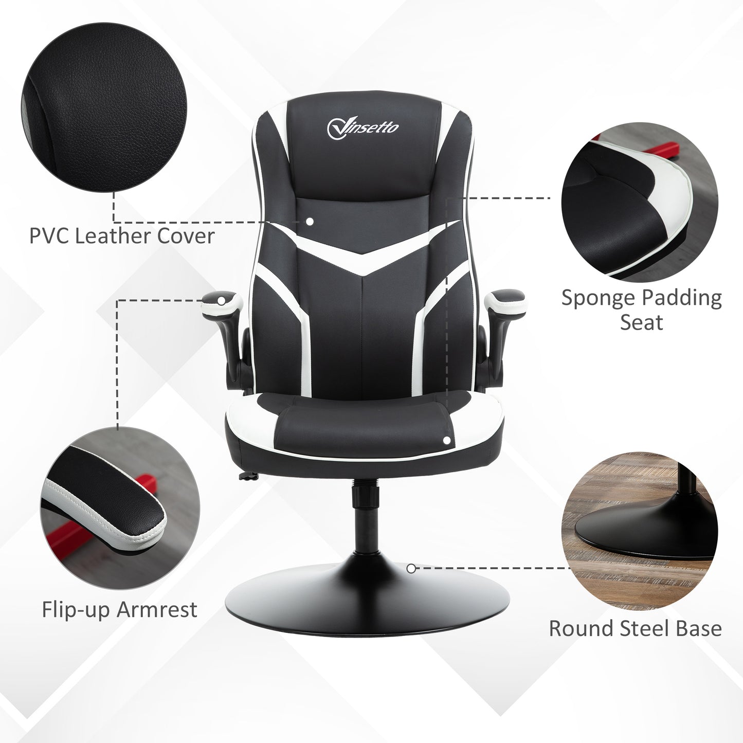 Image for Vinsetto Gaming Chair Ergonomic Computer Chair Home Office Desk Swivel Chair w/ Adjustable Height Pedestal Base PVC Leather, Black & White